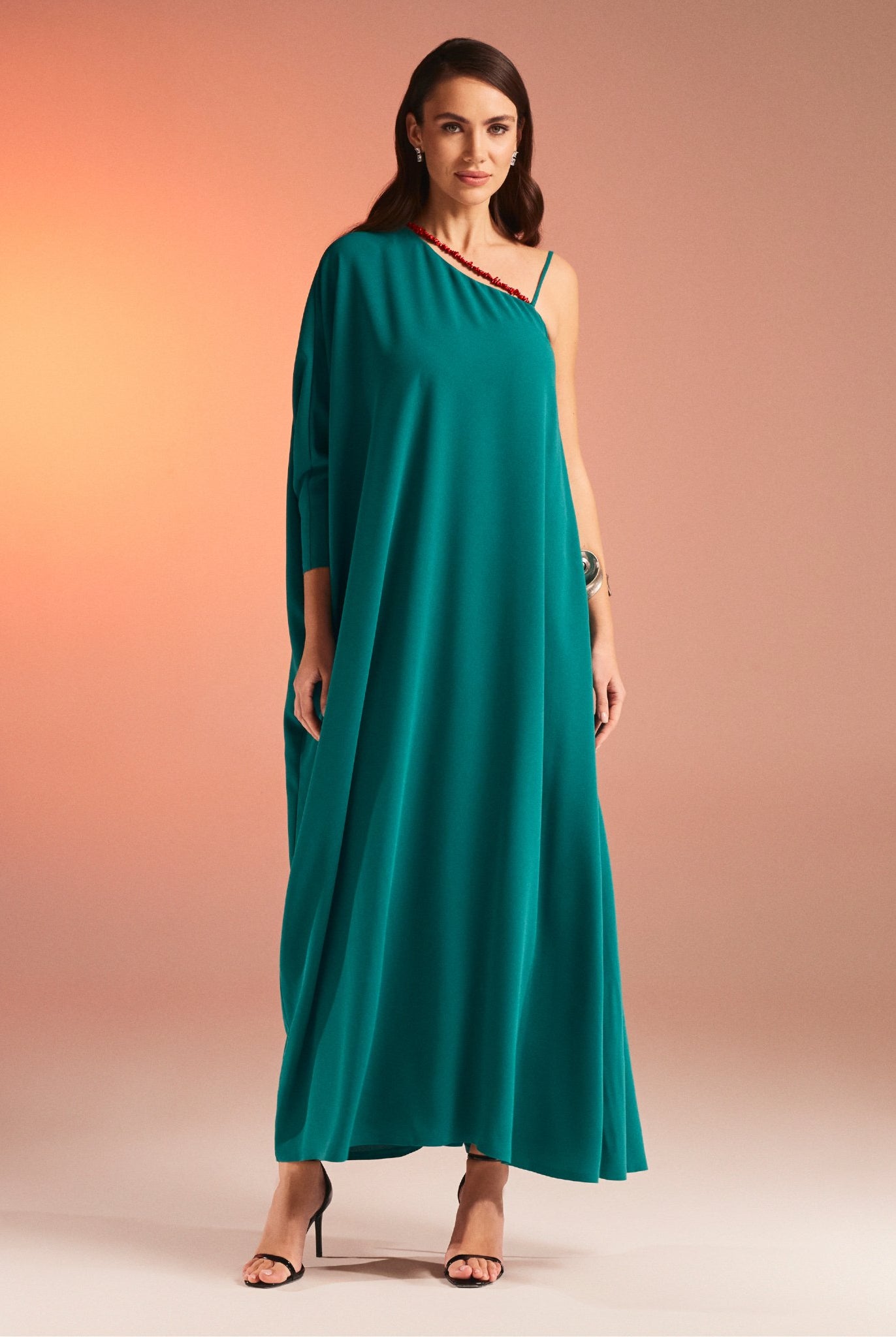 One Shoulder Long Sleeve Crepe Kaftan - shopaleena