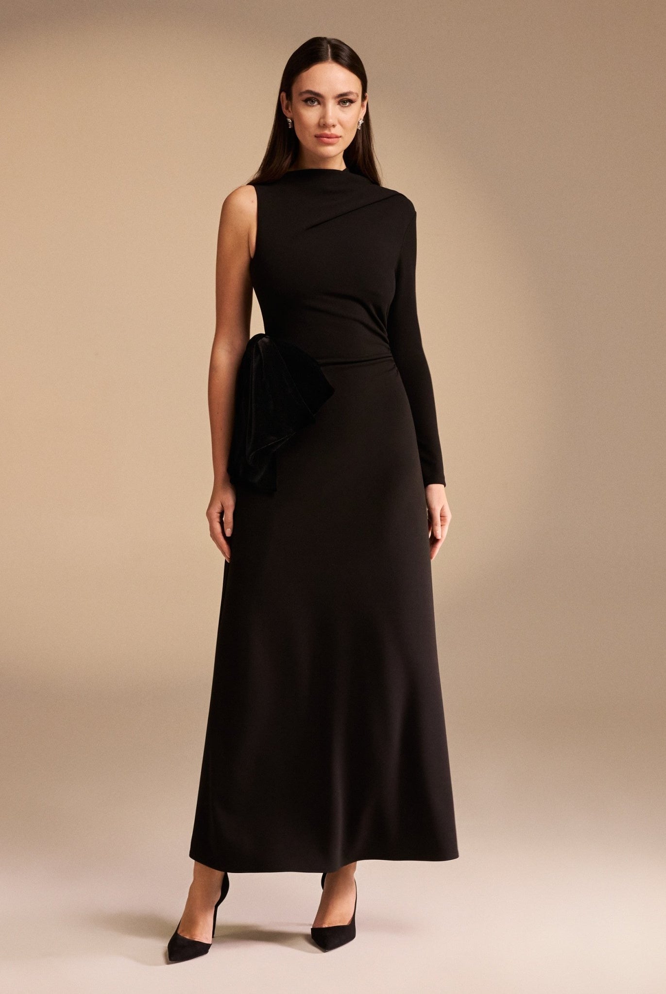 One Sleeve Crepe Midi Dress With Waist Bow - shopaleena