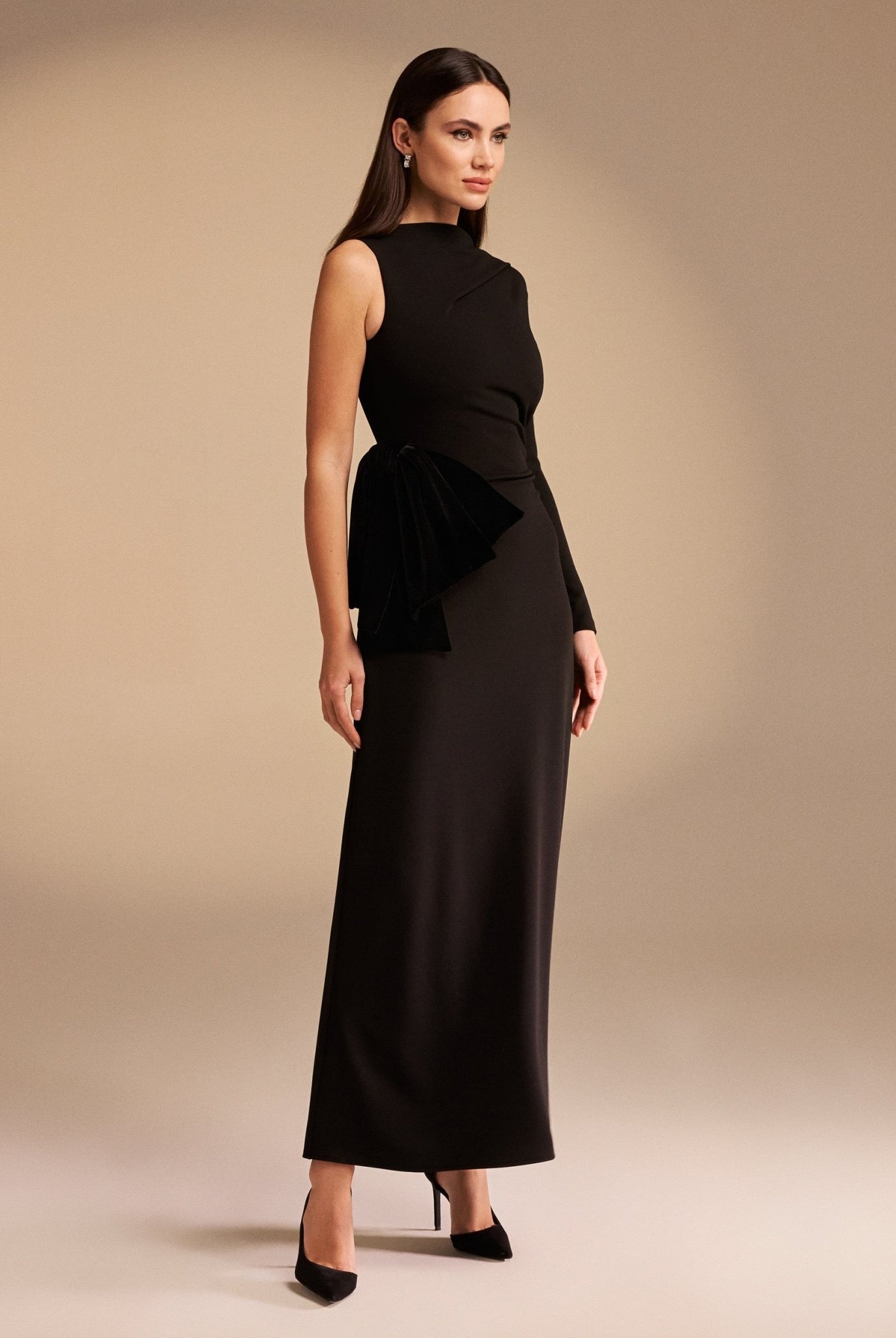 One Sleeve Crepe Midi Dress With Waist Bow - shopaleena