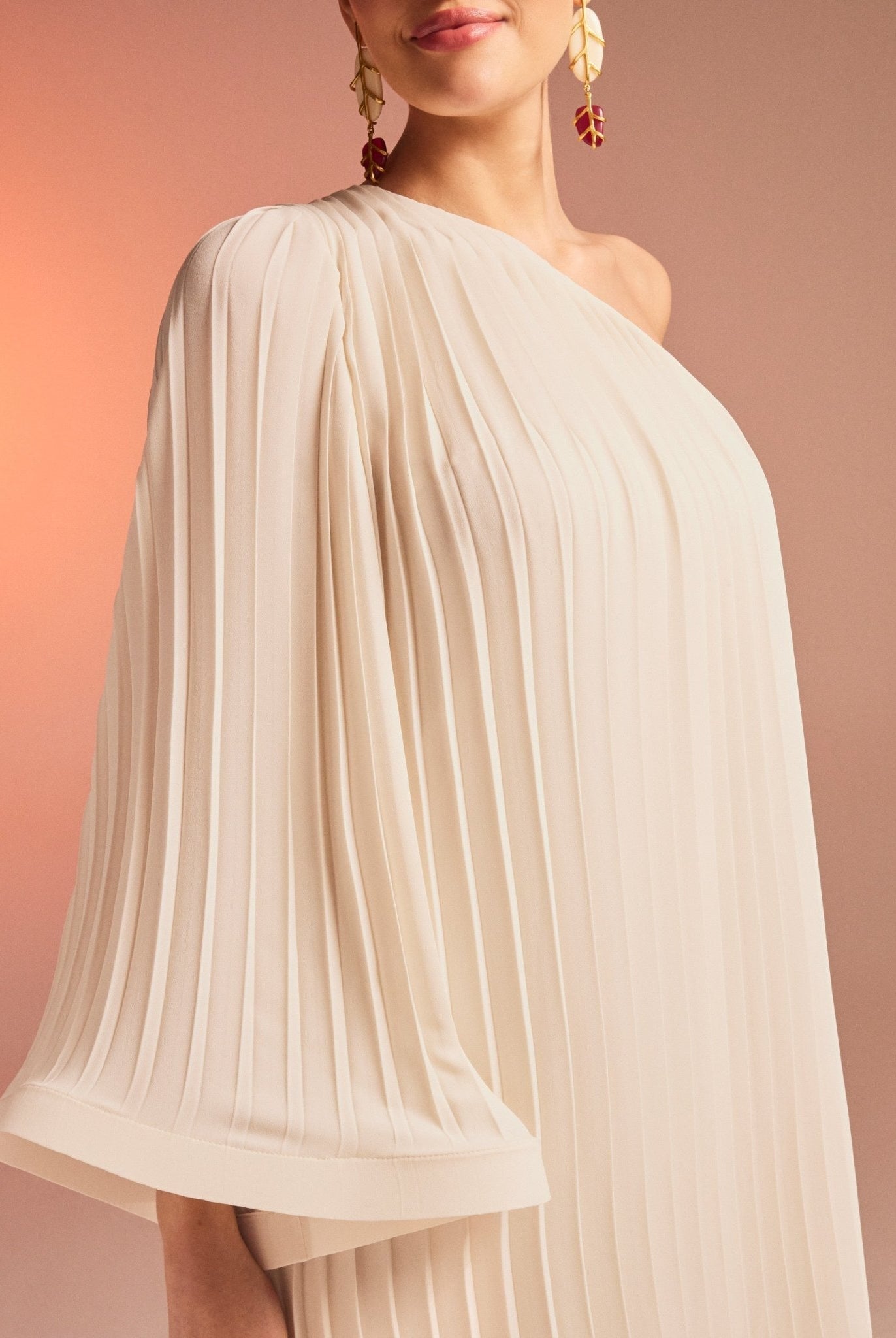 Pleated One Shoulder Long Sleeve Crepe Dress - shopaleena
