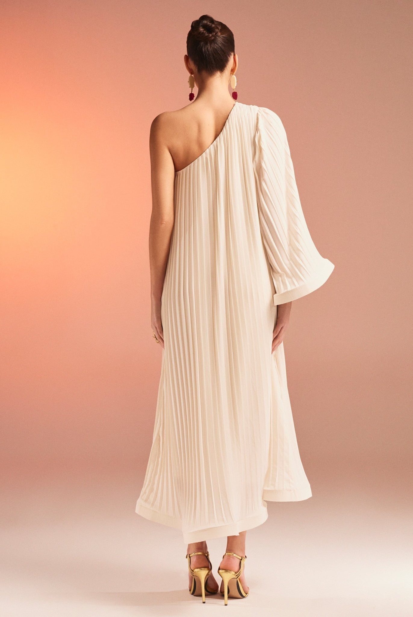 Pleated One Shoulder Long Sleeve Crepe Dress - shopaleena