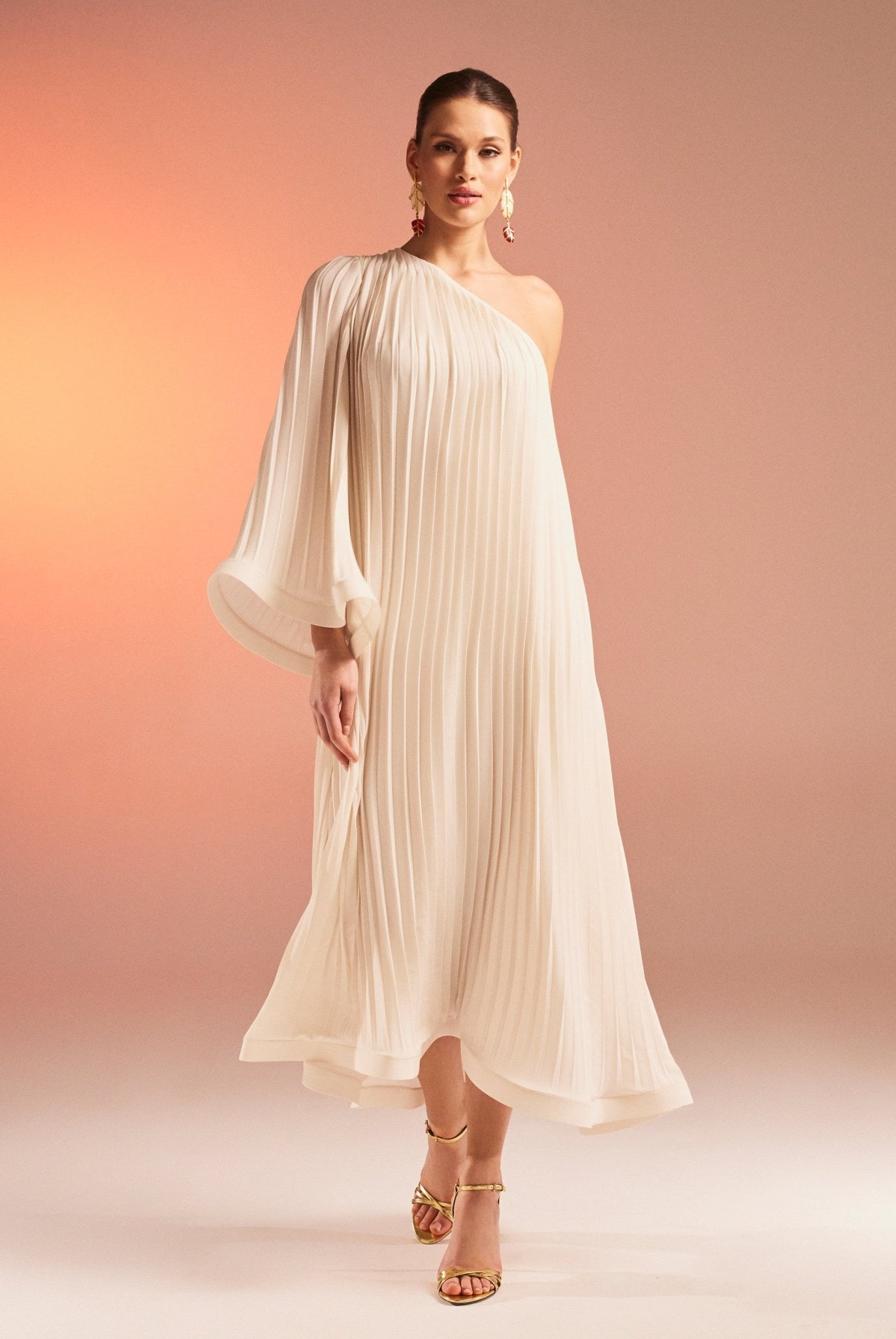 Pleated One Shoulder Long Sleeve Crepe Dress - shopaleena