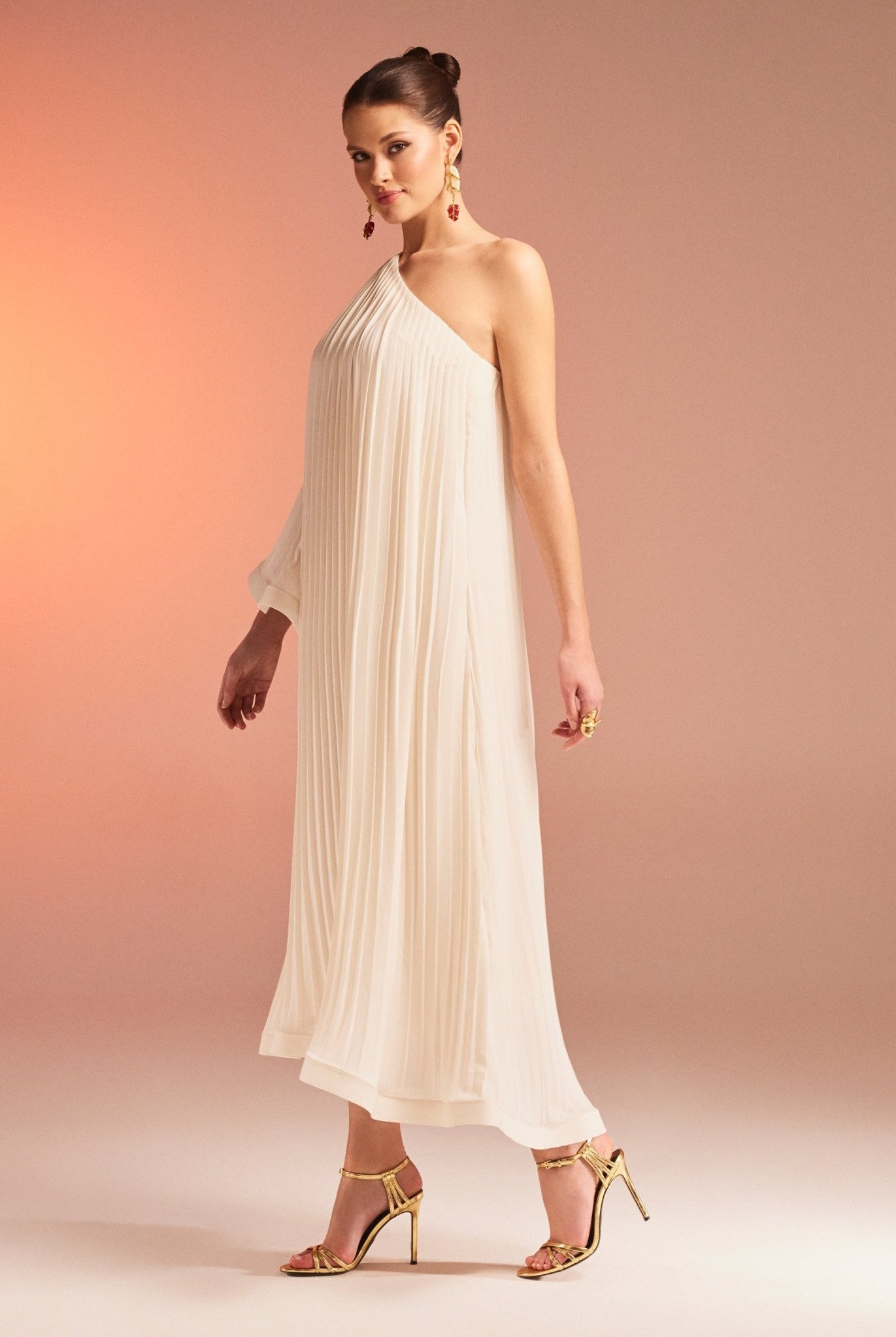 Pleated One Shoulder Long Sleeve Crepe Dress - shopaleena