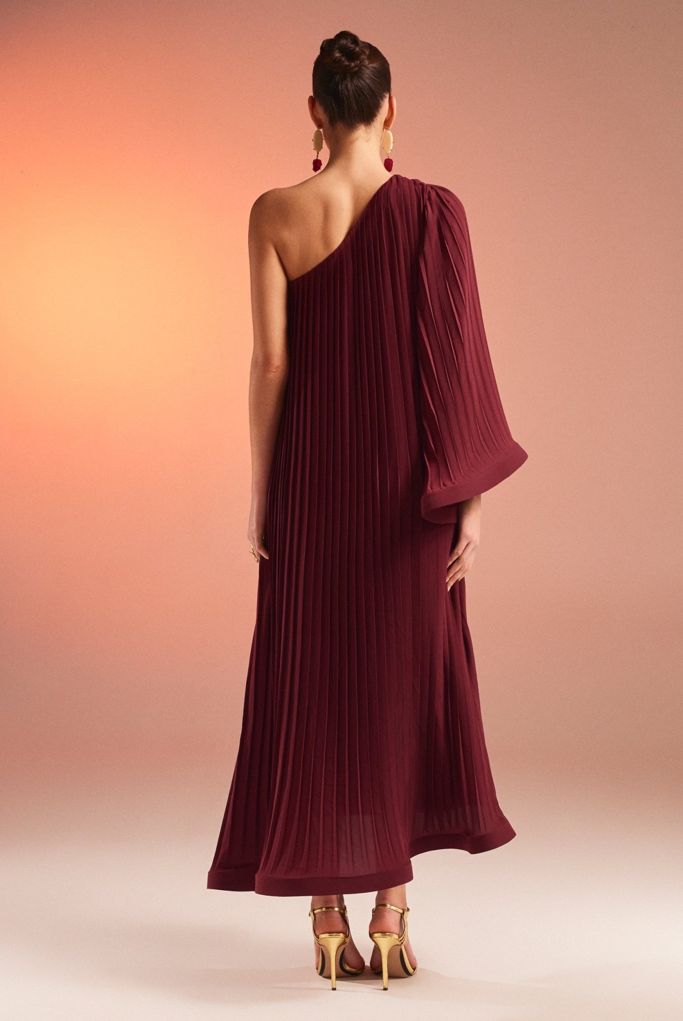 Pleated One Shoulder Long Sleeve Dress - shopaleena