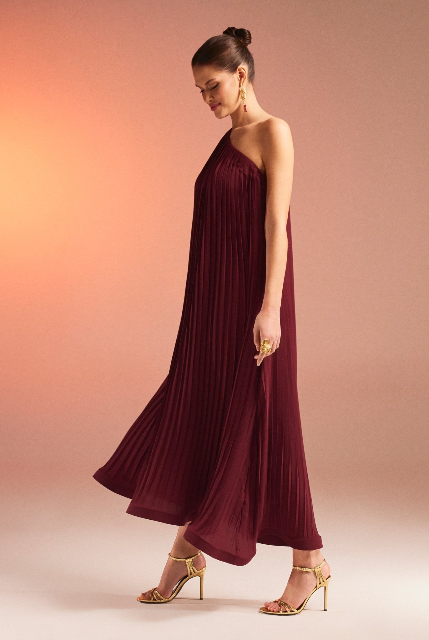 Pleated One Shoulder Long Sleeve Dress - shopaleena