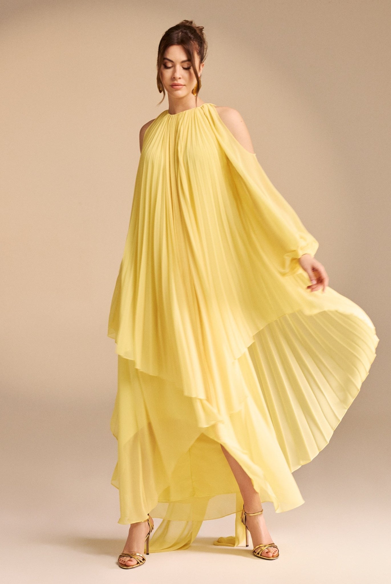 Poet Shoulder Pleated Long Sleeve Chiffon Dress - shopaleena
