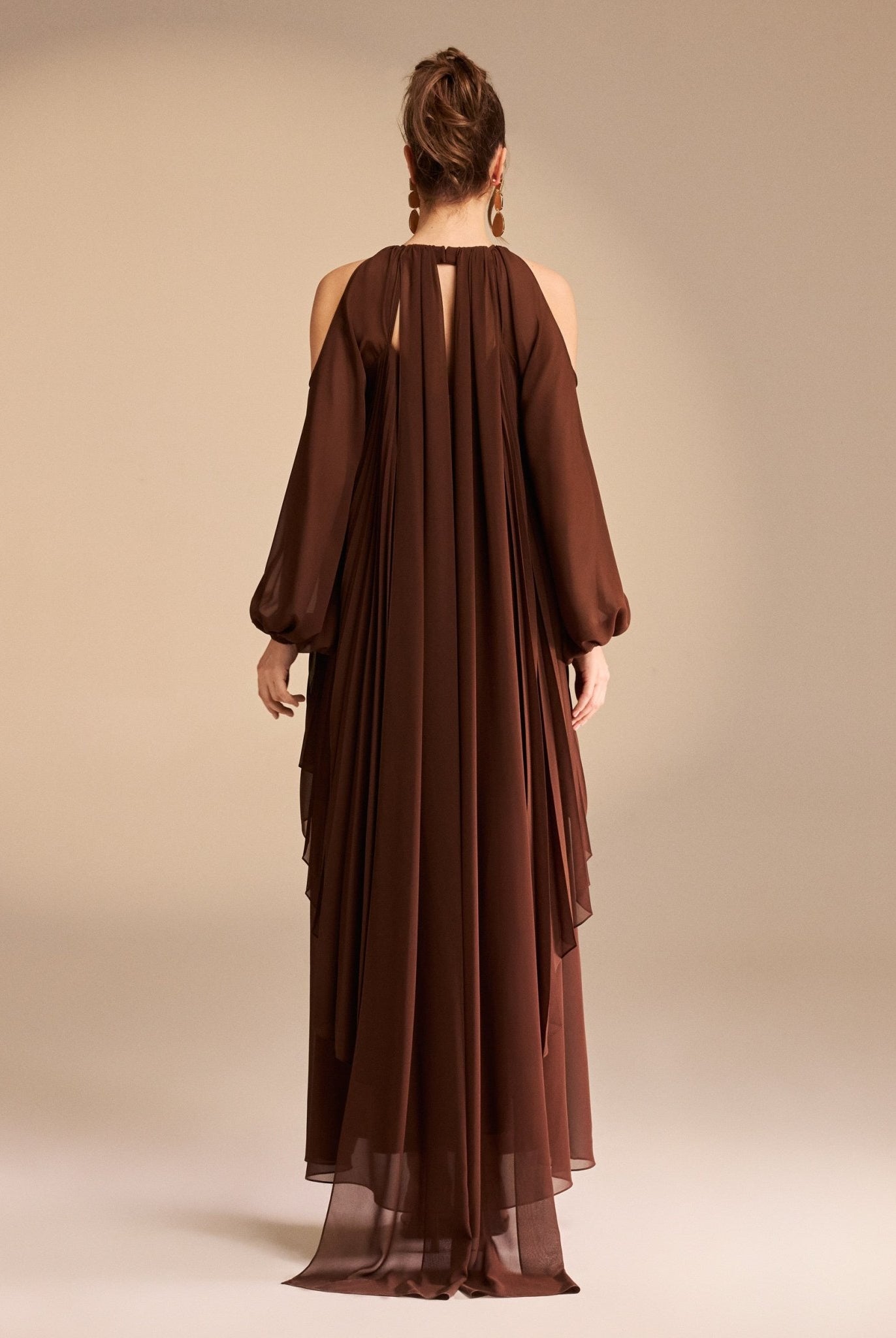 Poet Shoulder Pleated Long Sleeve Chiffon Dress - shopaleena