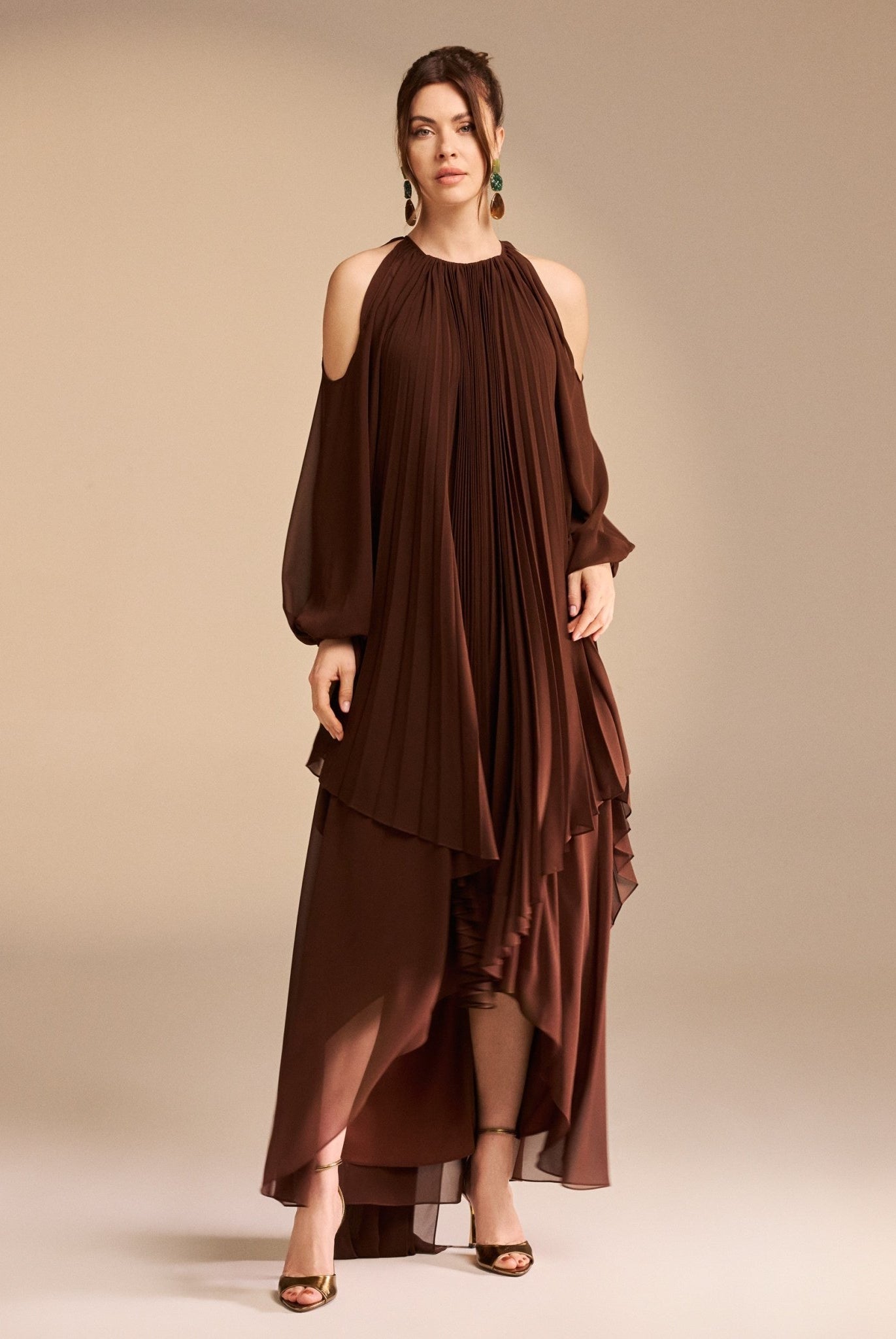 Poet Shoulder Pleated Long Sleeve Chiffon Dress - shopaleena