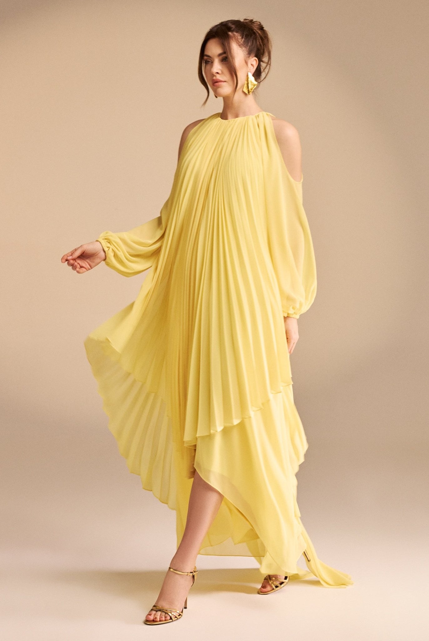 Poet Shoulder Pleated Long Sleeve Chiffon Dress - shopaleena