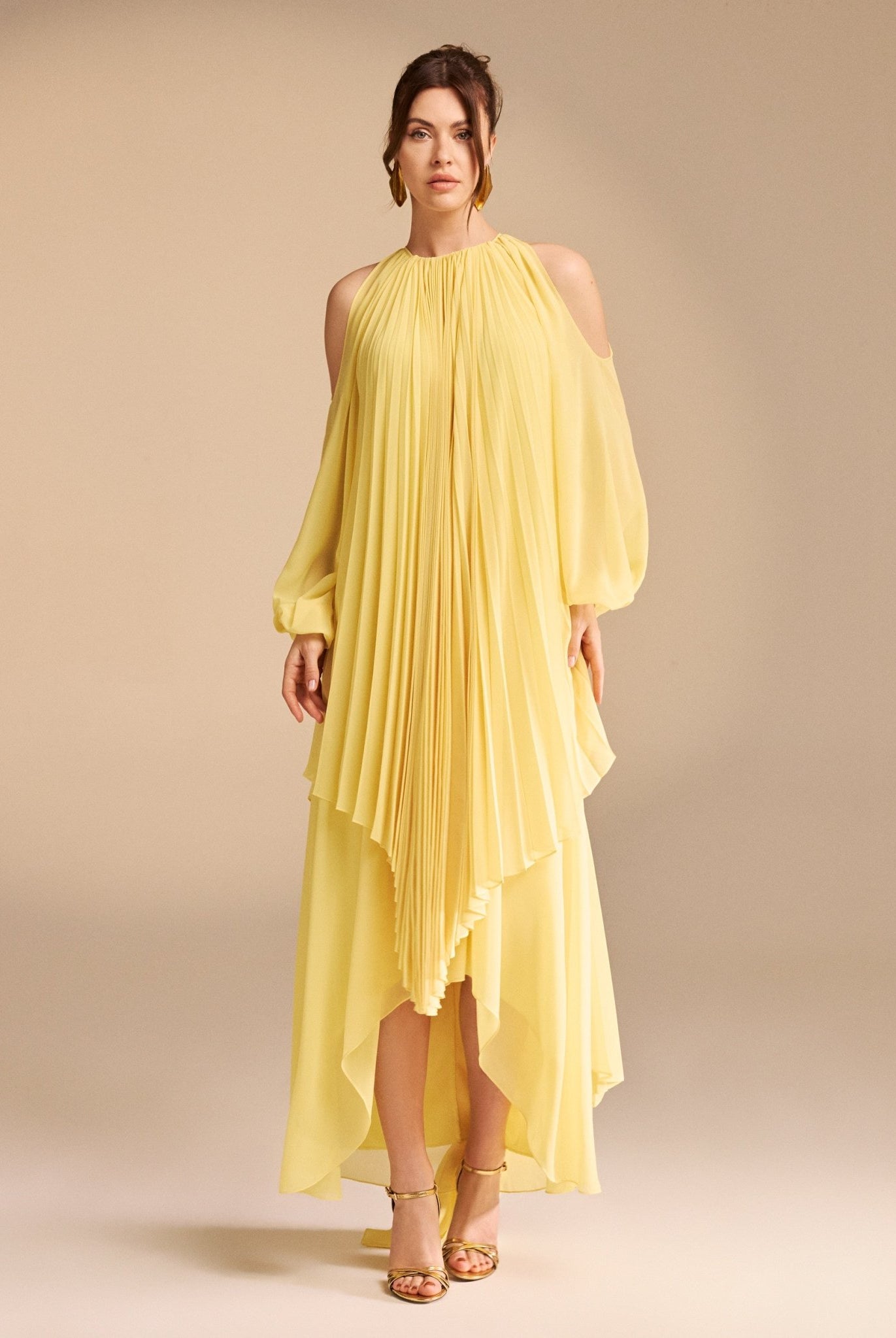 Poet Shoulder Pleated Long Sleeve Chiffon Dress - shopaleena