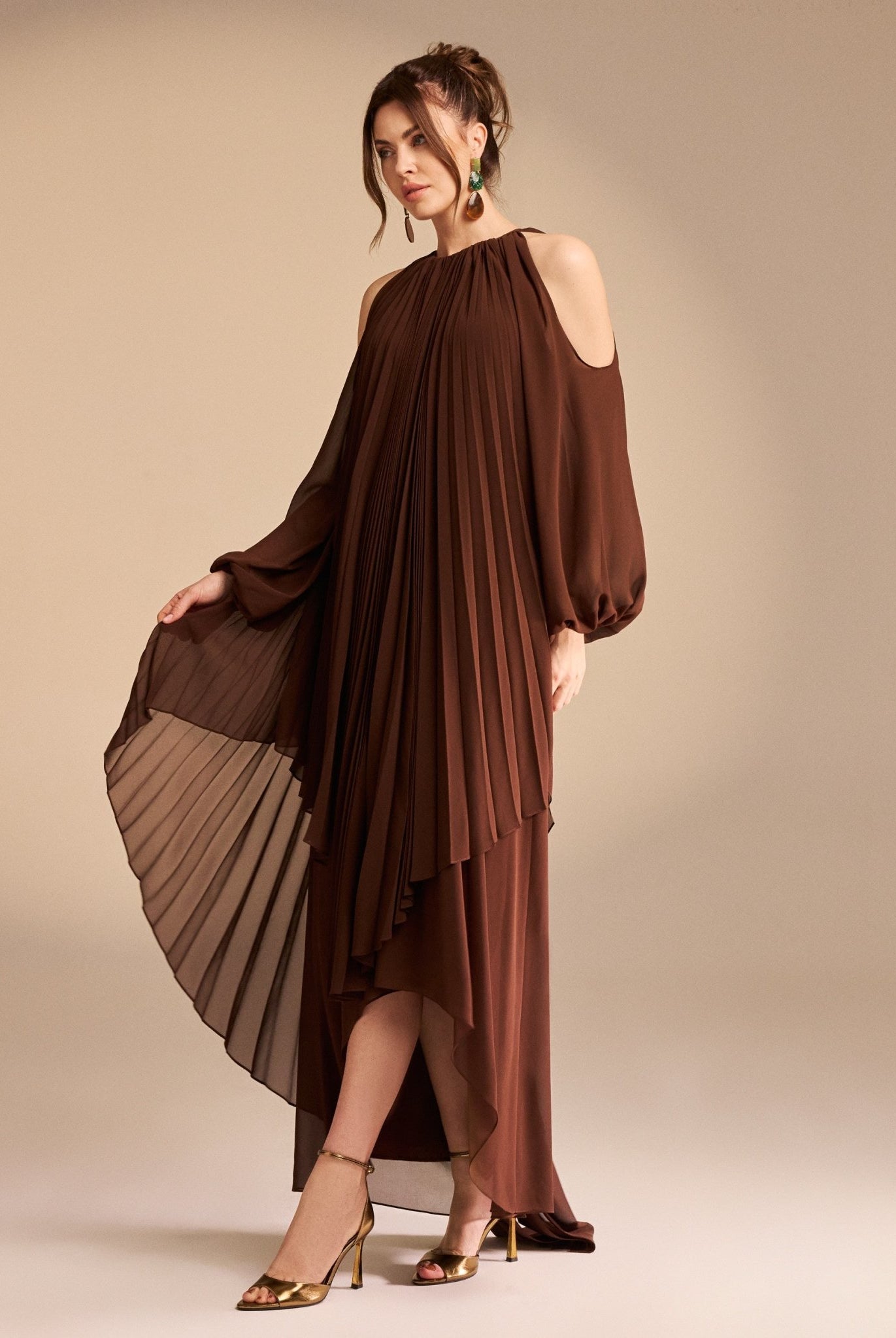 Poet Shoulder Pleated Long Sleeve Chiffon Dress - shopaleena