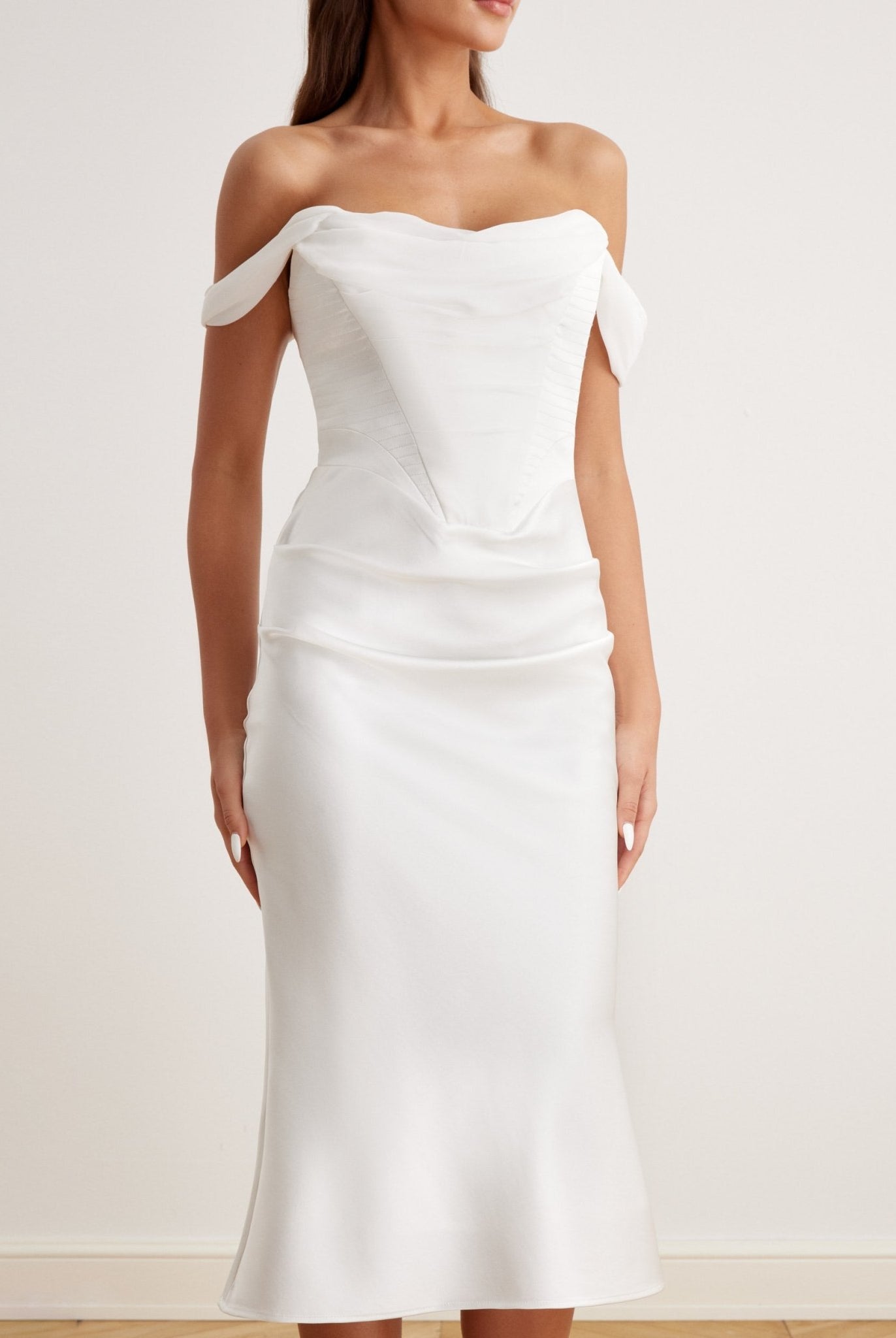 Satin Off Shoulder Corset Midi Dress - shopaleena