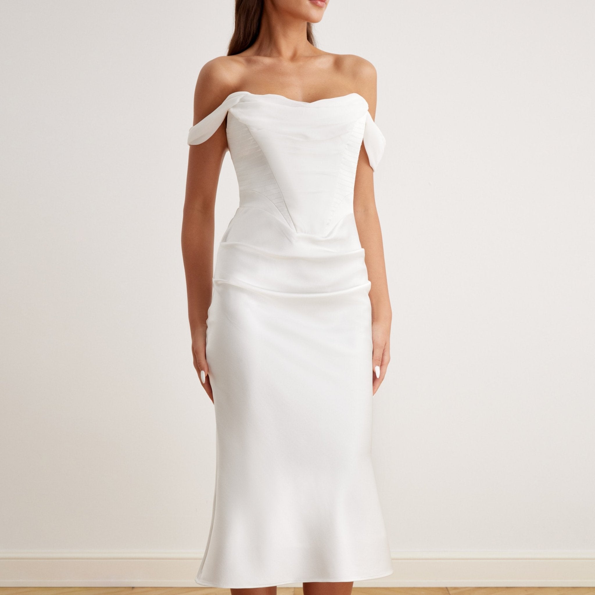 Satin Off Shoulder Corset Midi Dress - shopaleena