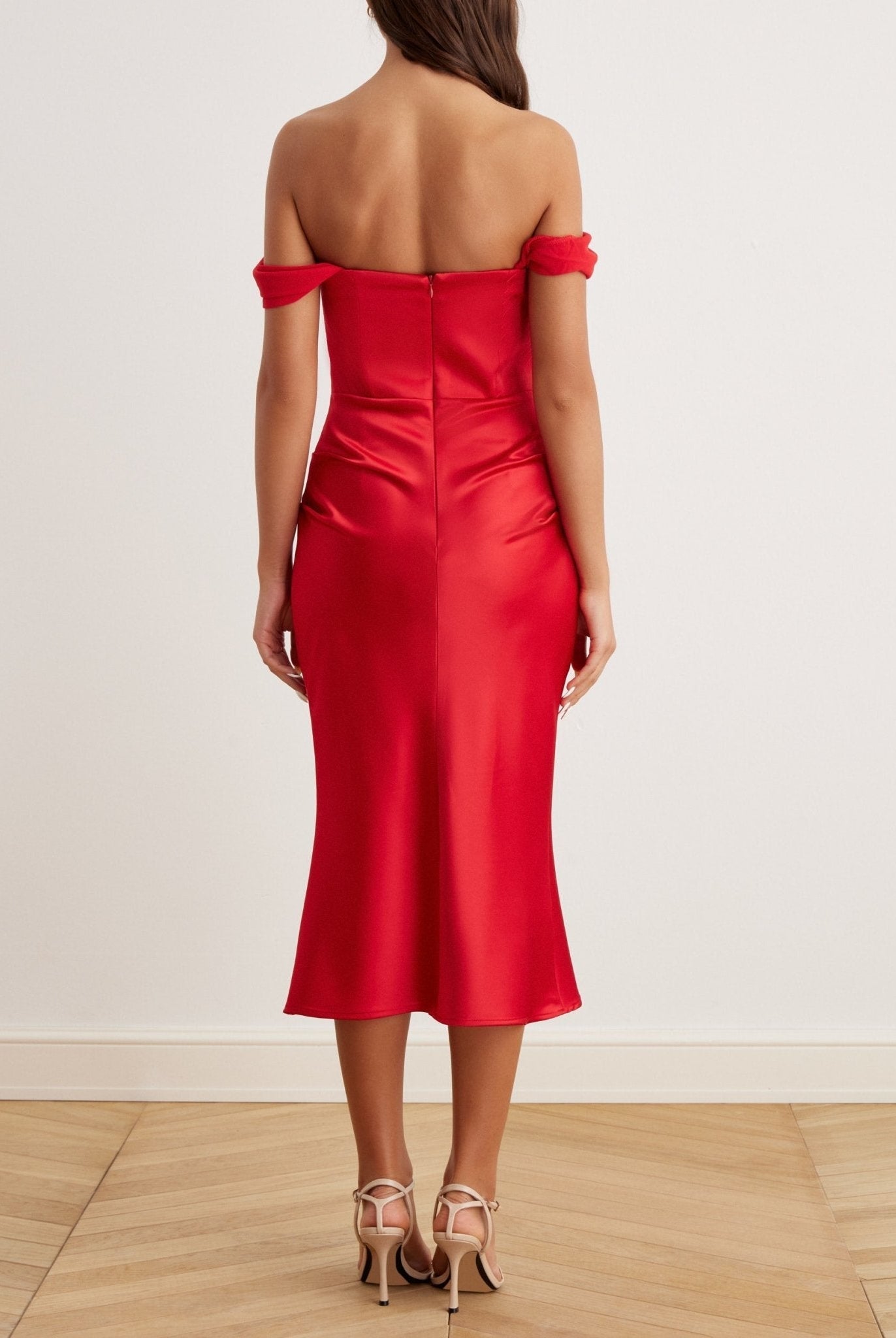 Satin Off-Shoulder Corset Midi Dress - shopaleena