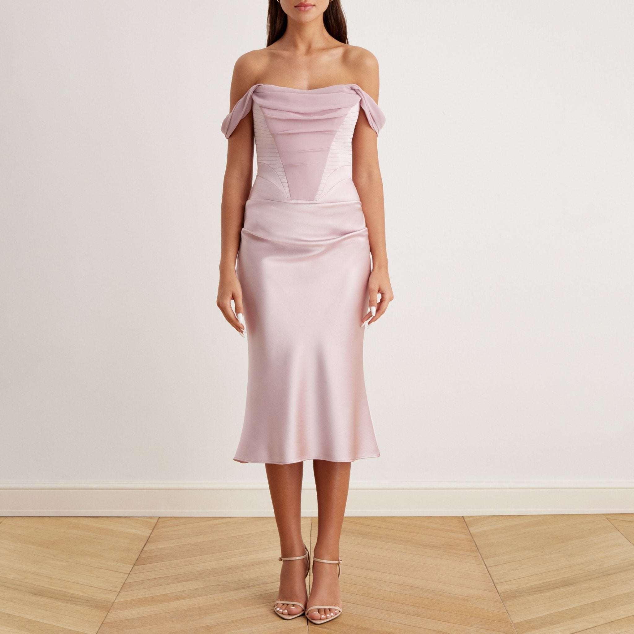 Satin Off Shoulder Corset Midi Dress - shopaleena