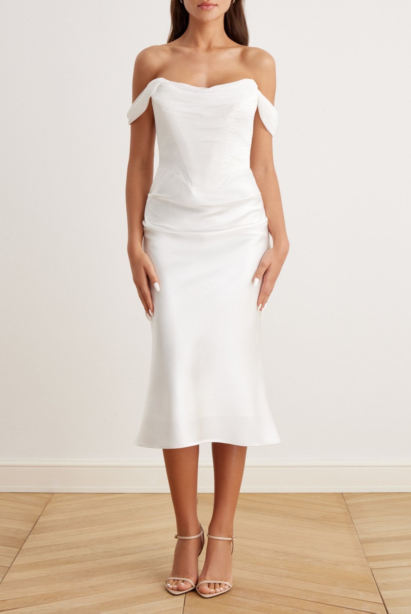 Satin Off Shoulder Corset Midi Dress - shopaleena