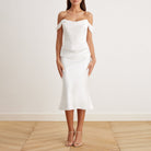 Satin Off Shoulder Corset Midi Dress - shopaleena