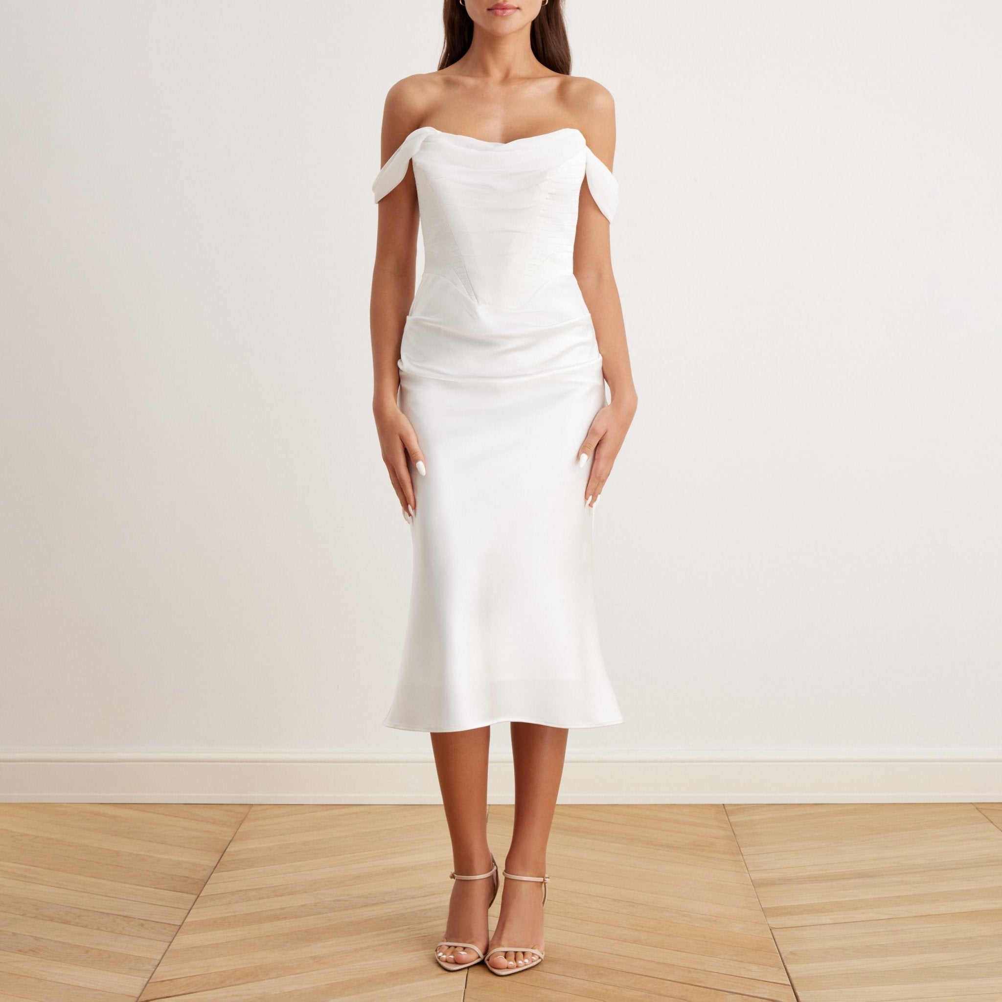 Satin Off Shoulder Corset Midi Dress - shopaleena