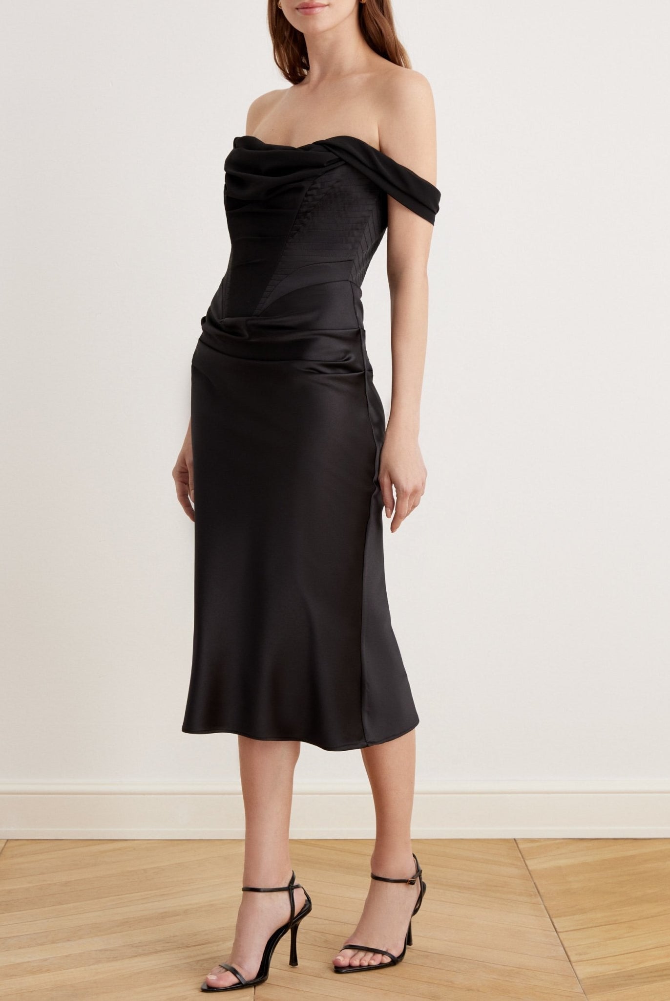 Satin Off Shoulder Corset Midi Dress - shopaleena