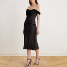 Satin Off Shoulder Corset Midi Dress - shopaleena