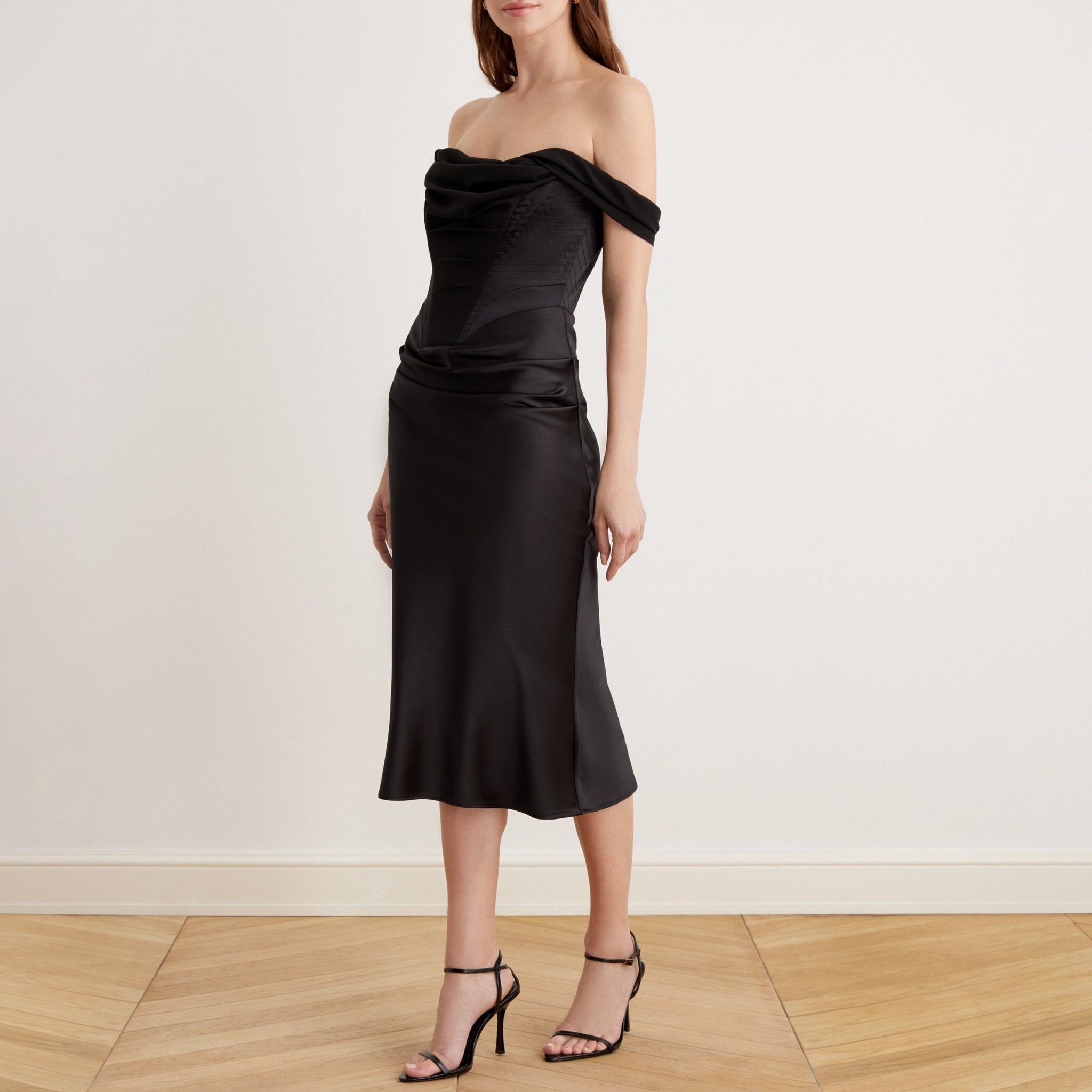 Satin Off Shoulder Corset Midi Dress - shopaleena