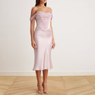 Satin Off Shoulder Corset Midi Dress - shopaleena