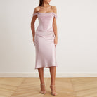 Satin Off Shoulder Corset Midi Dress - shopaleena