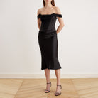 Satin Off Shoulder Corset Midi Dress - shopaleena