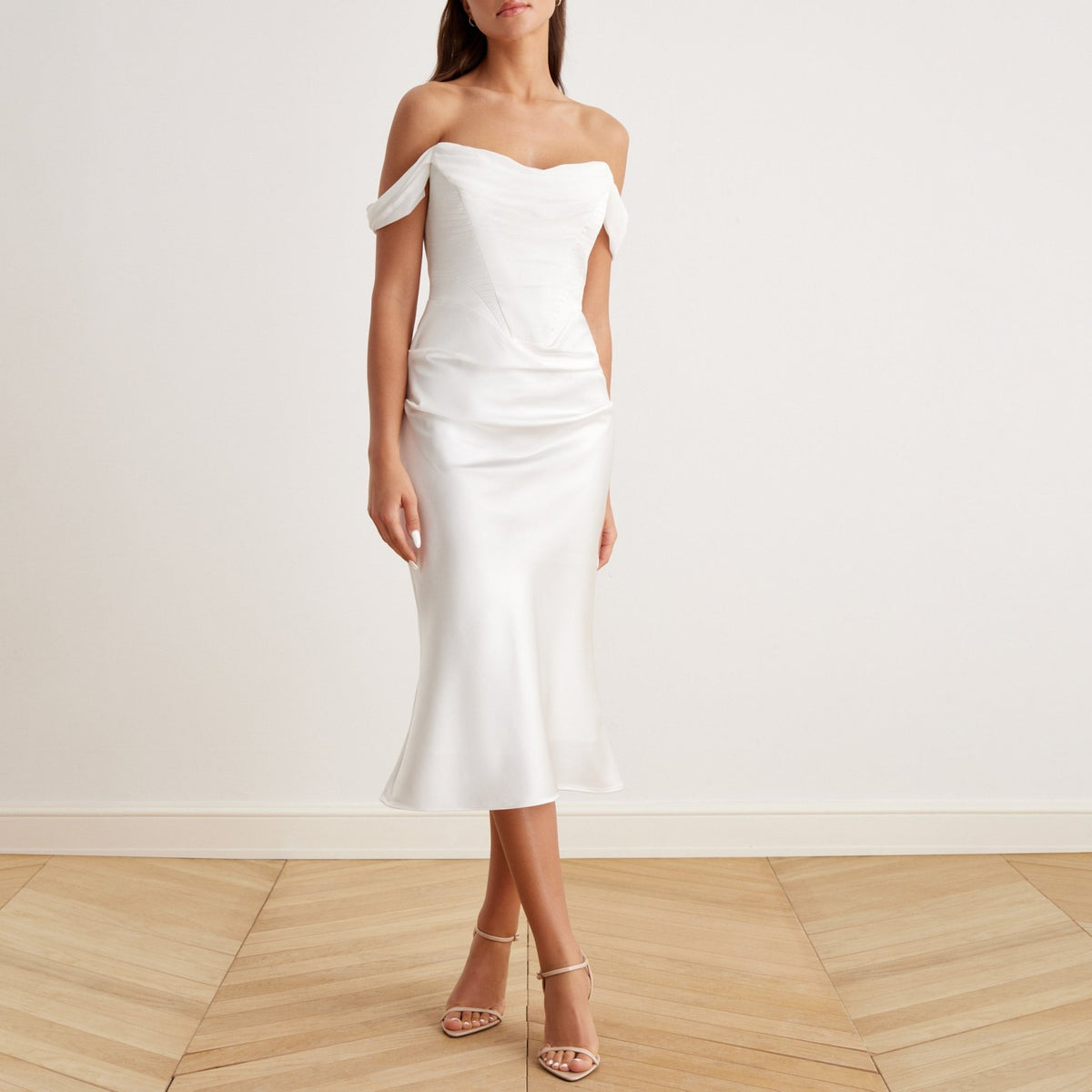 Satin Off-Shoulder Corset Midi Dress – shopaleena