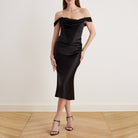 Satin Off Shoulder Corset Midi Dress - shopaleena