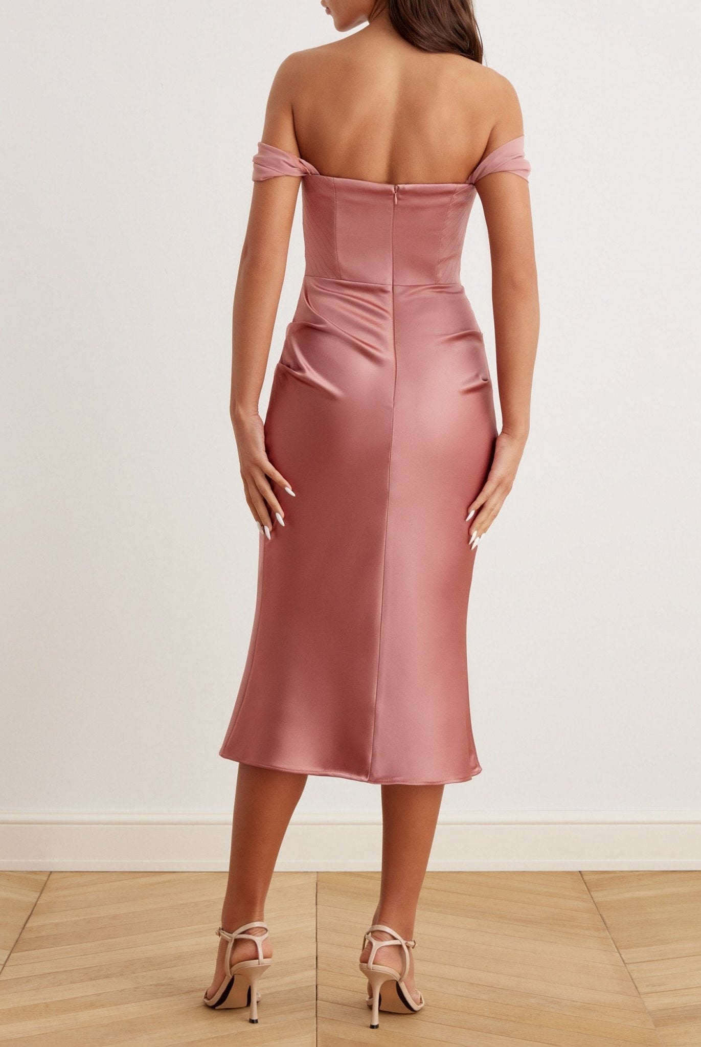 Satin Off-Shoulder Corset Midi Dress - shopaleena