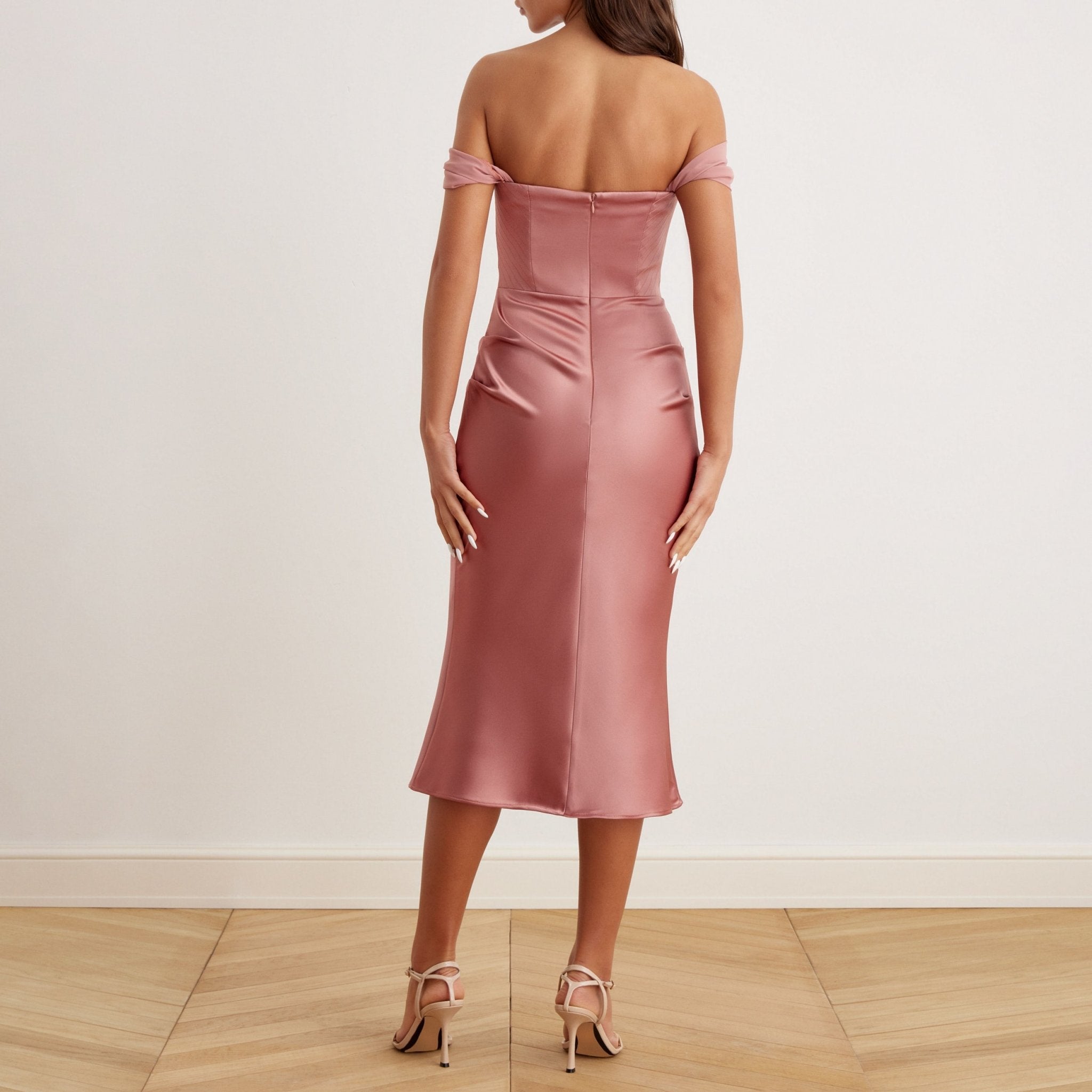 Satin Off-Shoulder Corset Midi Dress - shopaleena