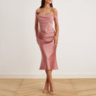 Satin Off-Shoulder Corset Midi Dress - shopaleena