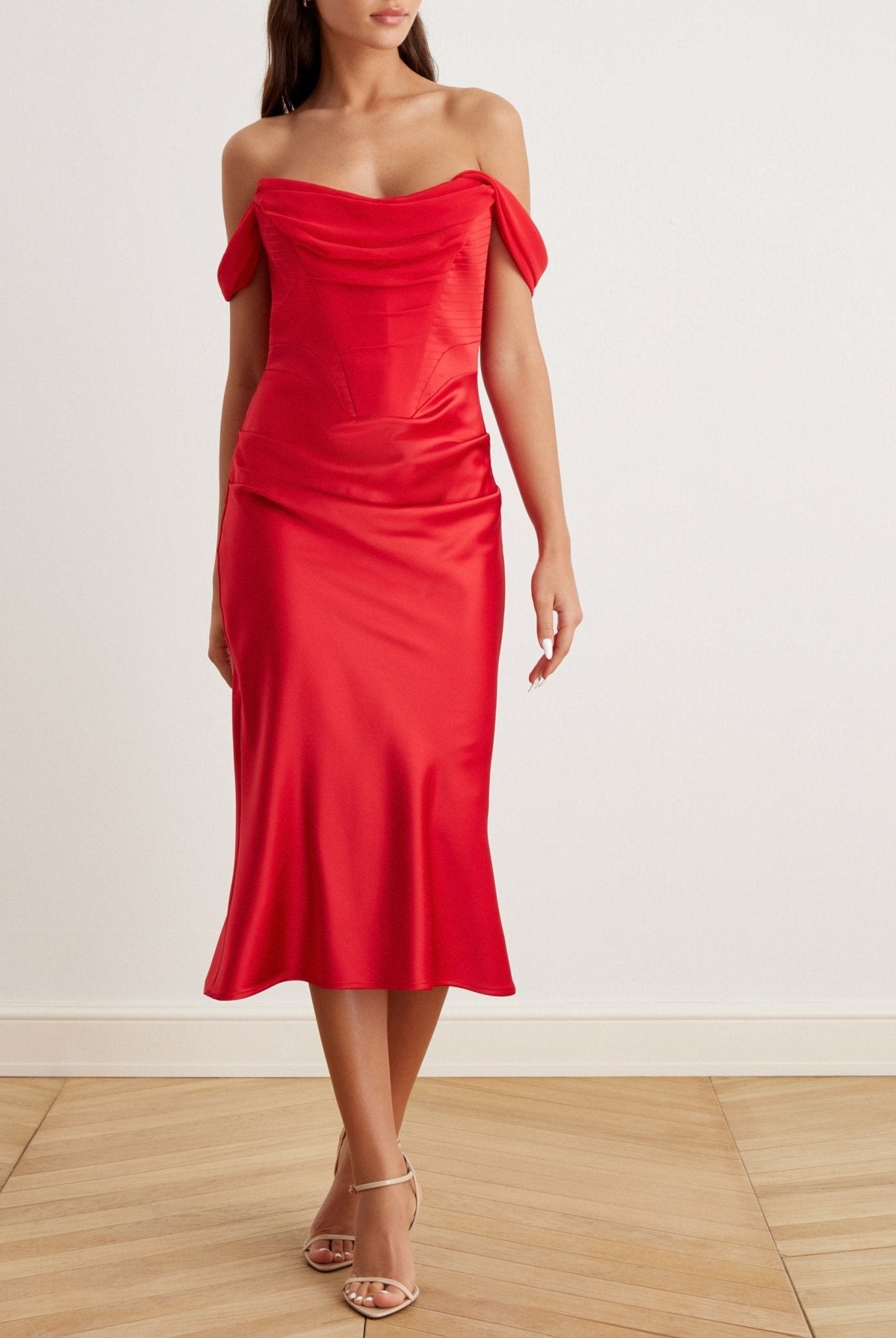 Satin Off-Shoulder Corset Midi Dress - shopaleena
