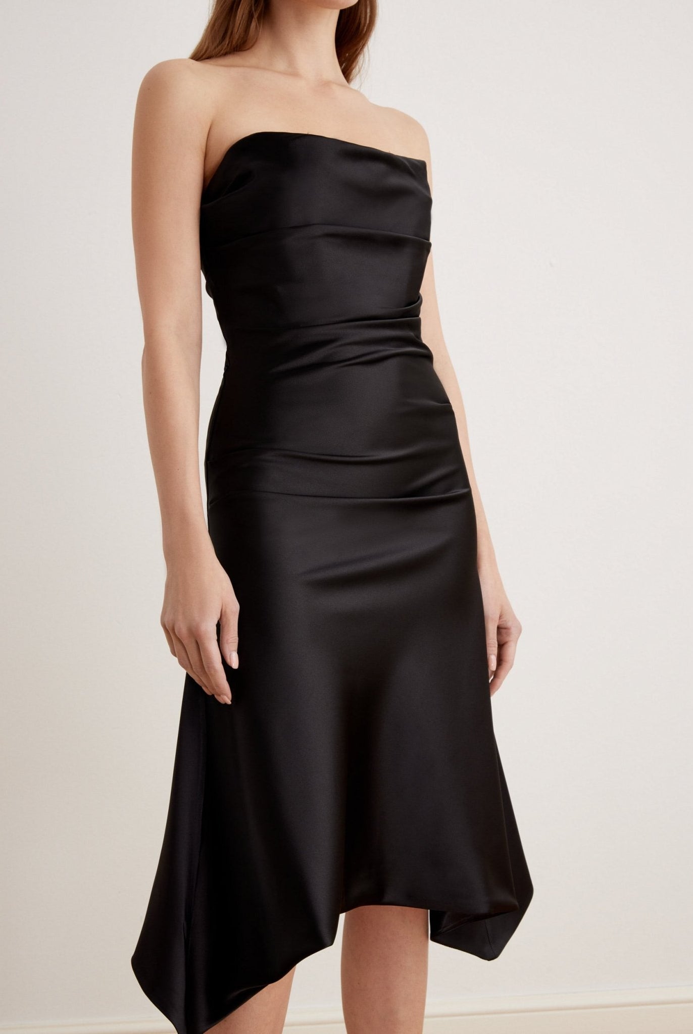 Satin Strapless Midi Dress - shopaleena