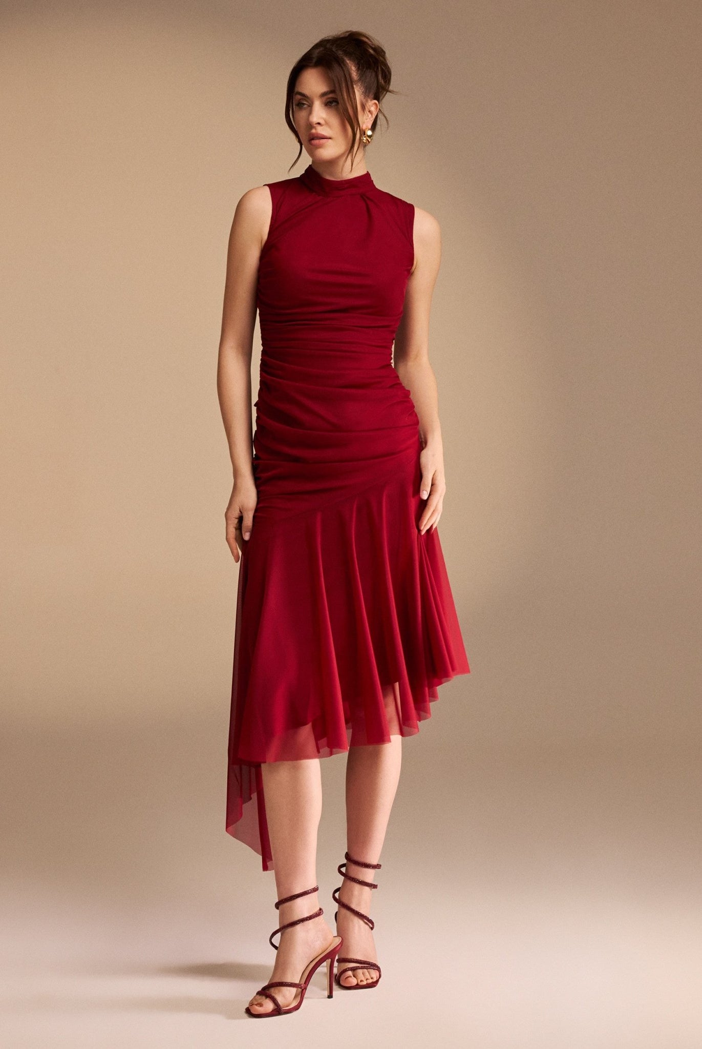 Sleeveless Ruched Ruffles Midi Dress - shopaleena