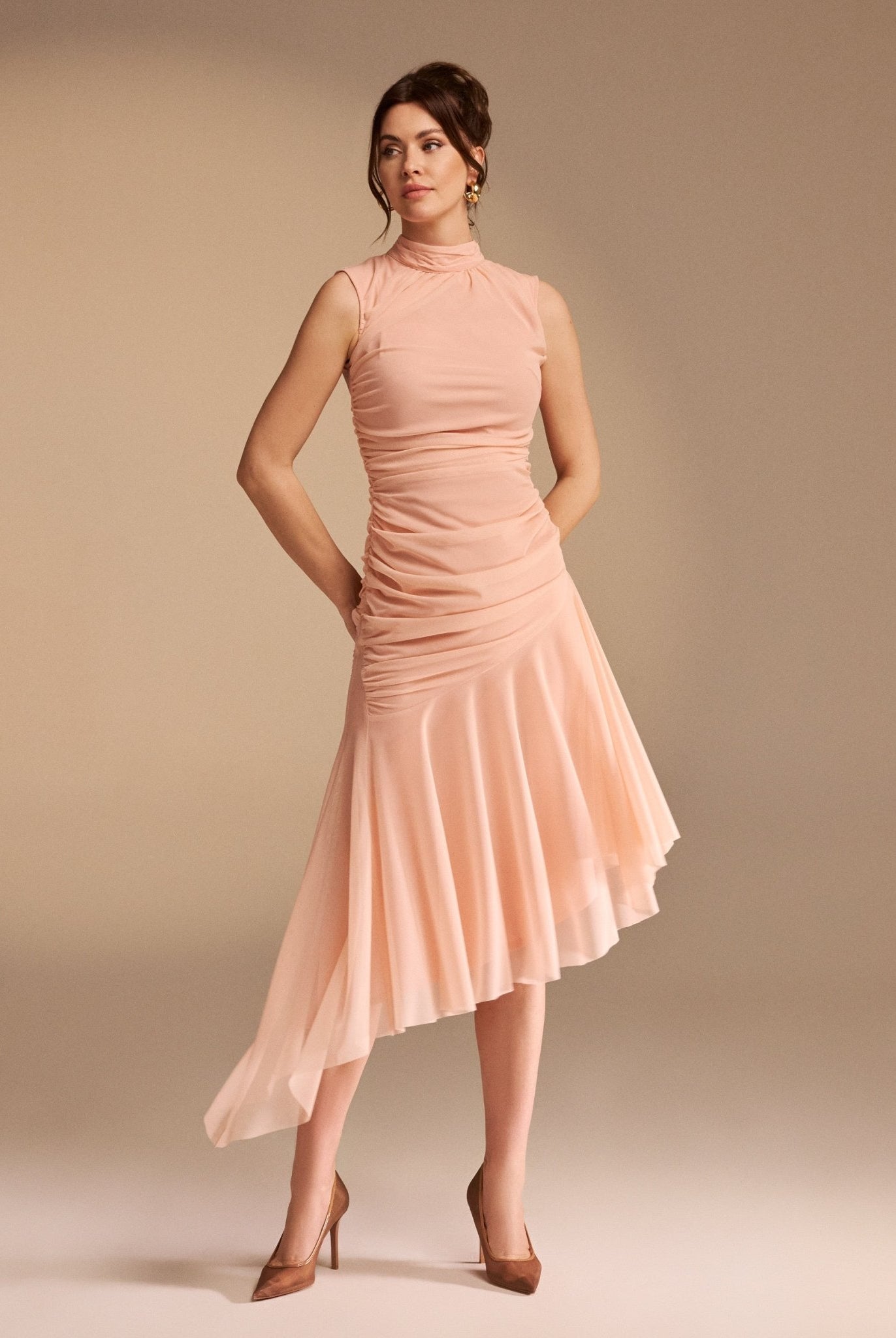 Sleeveless Ruched Ruffles Midi Dress - shopaleena