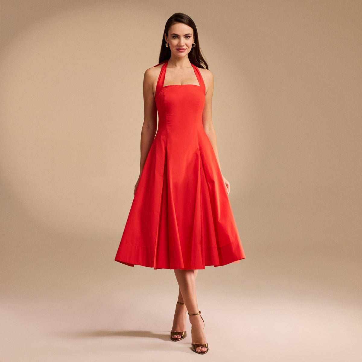 Tie Halter Neck A-Line Poplin Midi Dress – shopaleena