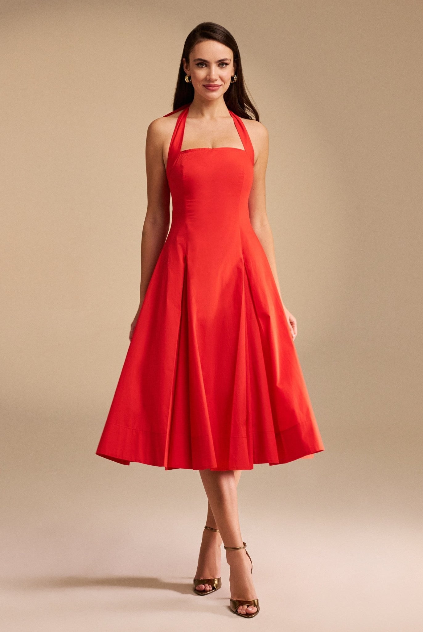 Tie Halter Neck A-Line Poplin Midi Dress - shopaleena