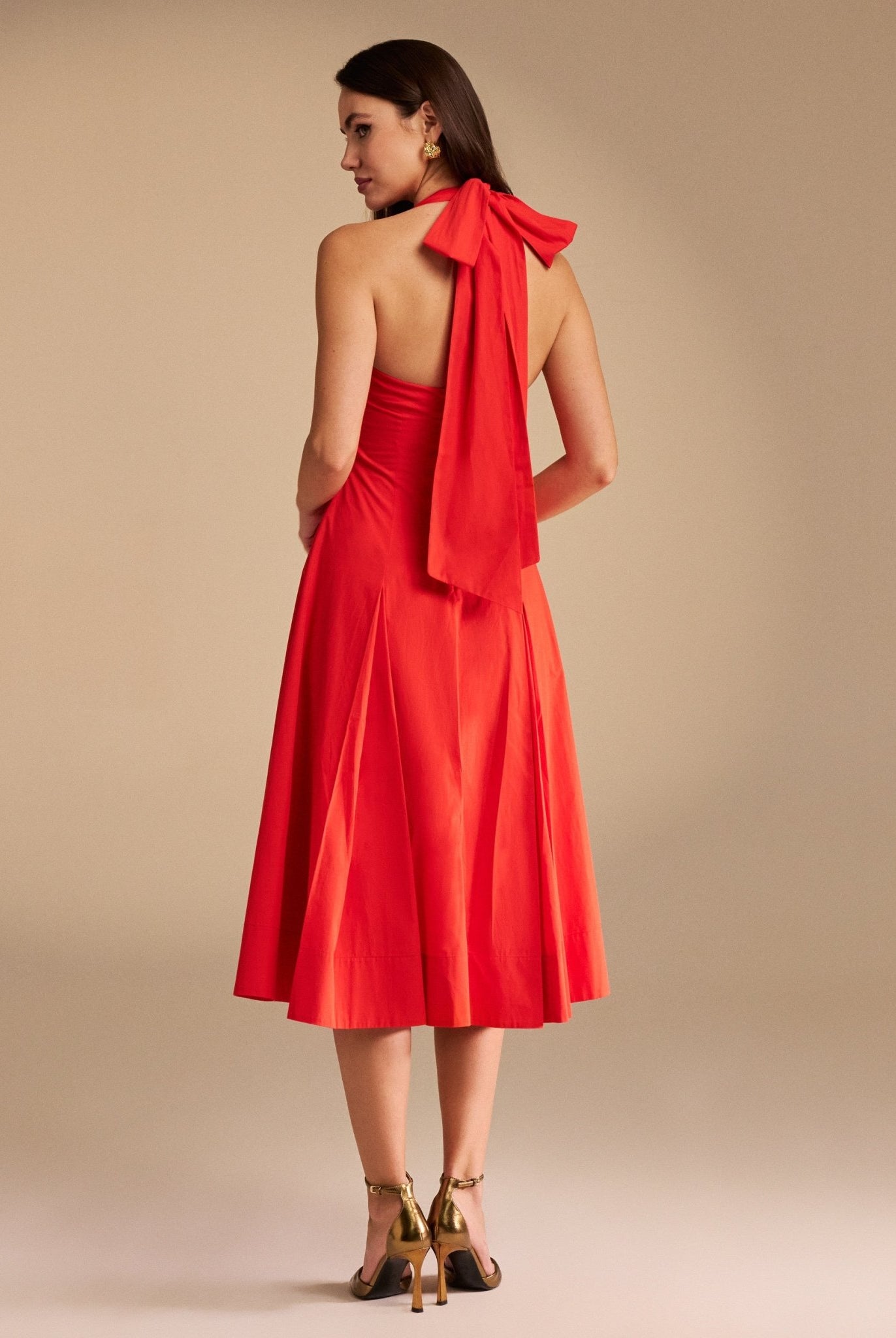 Tie Halter Neck A-Line Poplin Midi Dress - shopaleena