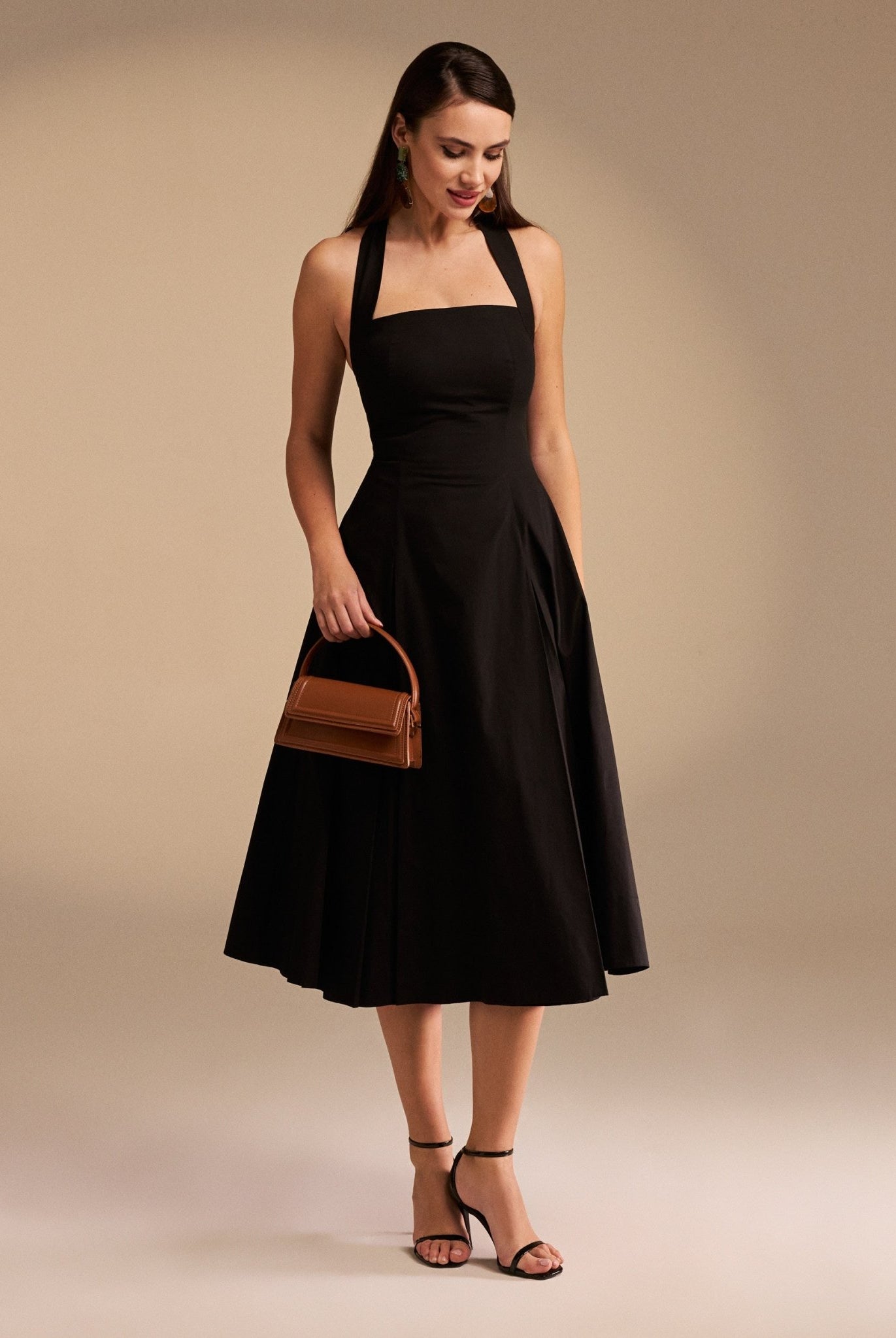 Tie Halter Neck A-Line Poplin Midi Dress - shopaleena