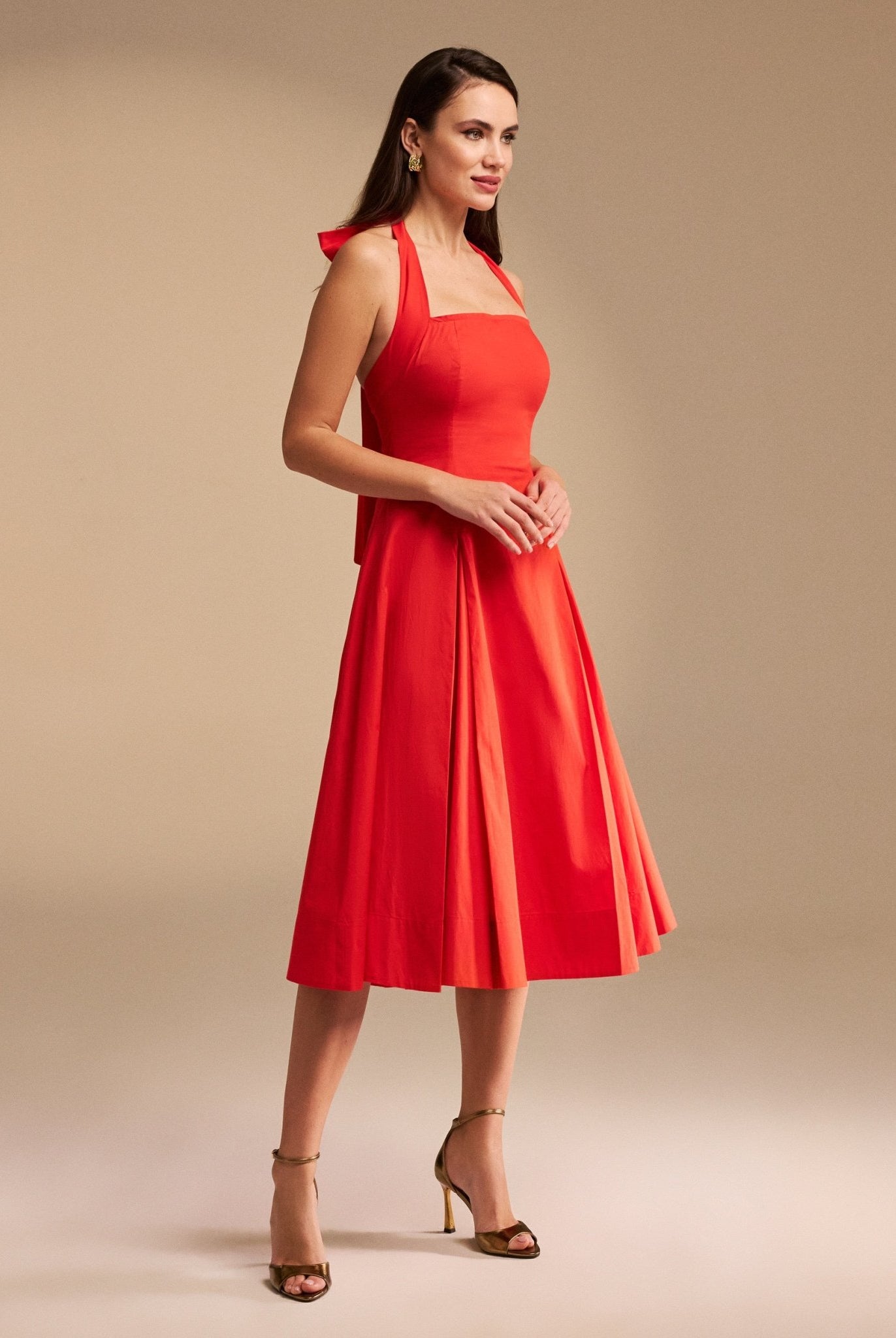 Tie Halter Neck A-Line Poplin Midi Dress - shopaleena