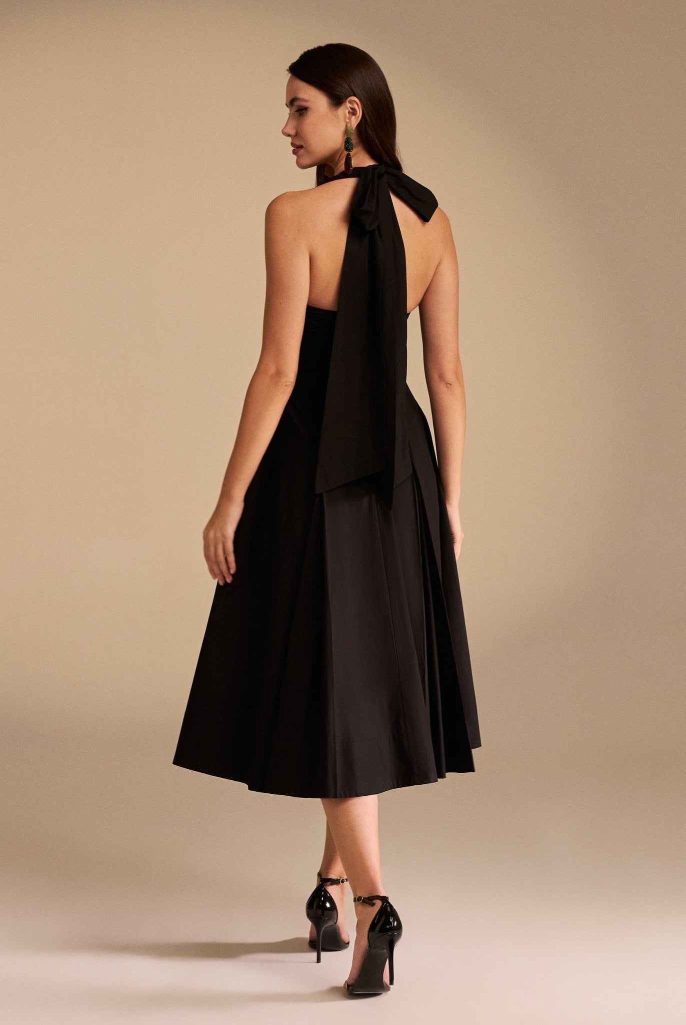 Tie Halter Neck A-Line Poplin Midi Dress - shopaleena