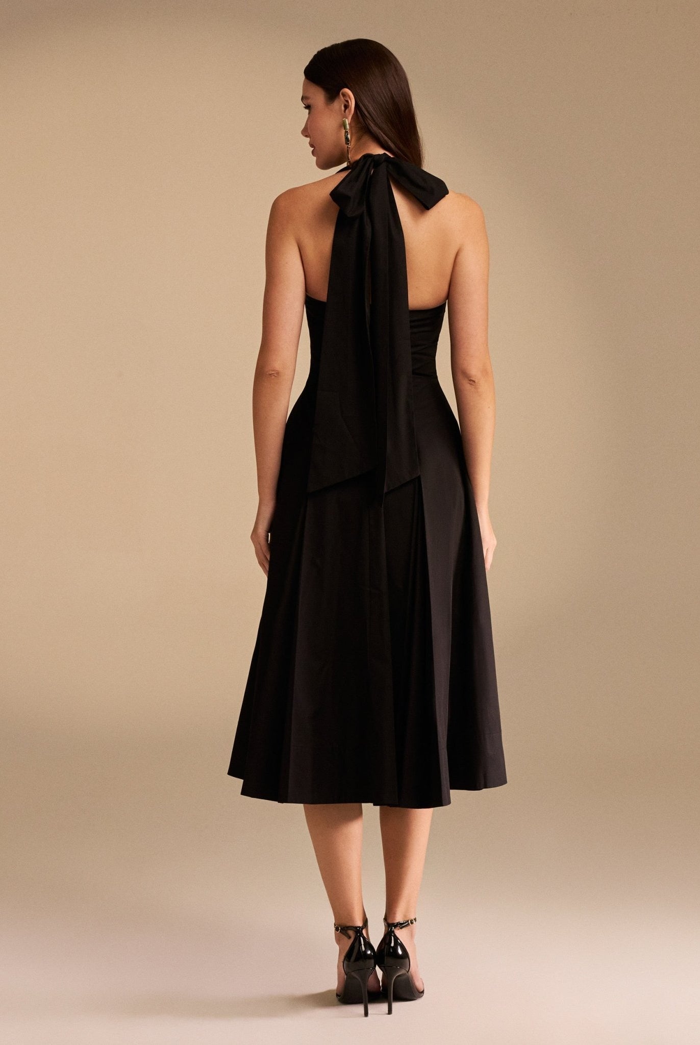 Tie Halter Neck A-Line Poplin Midi Dress - shopaleena