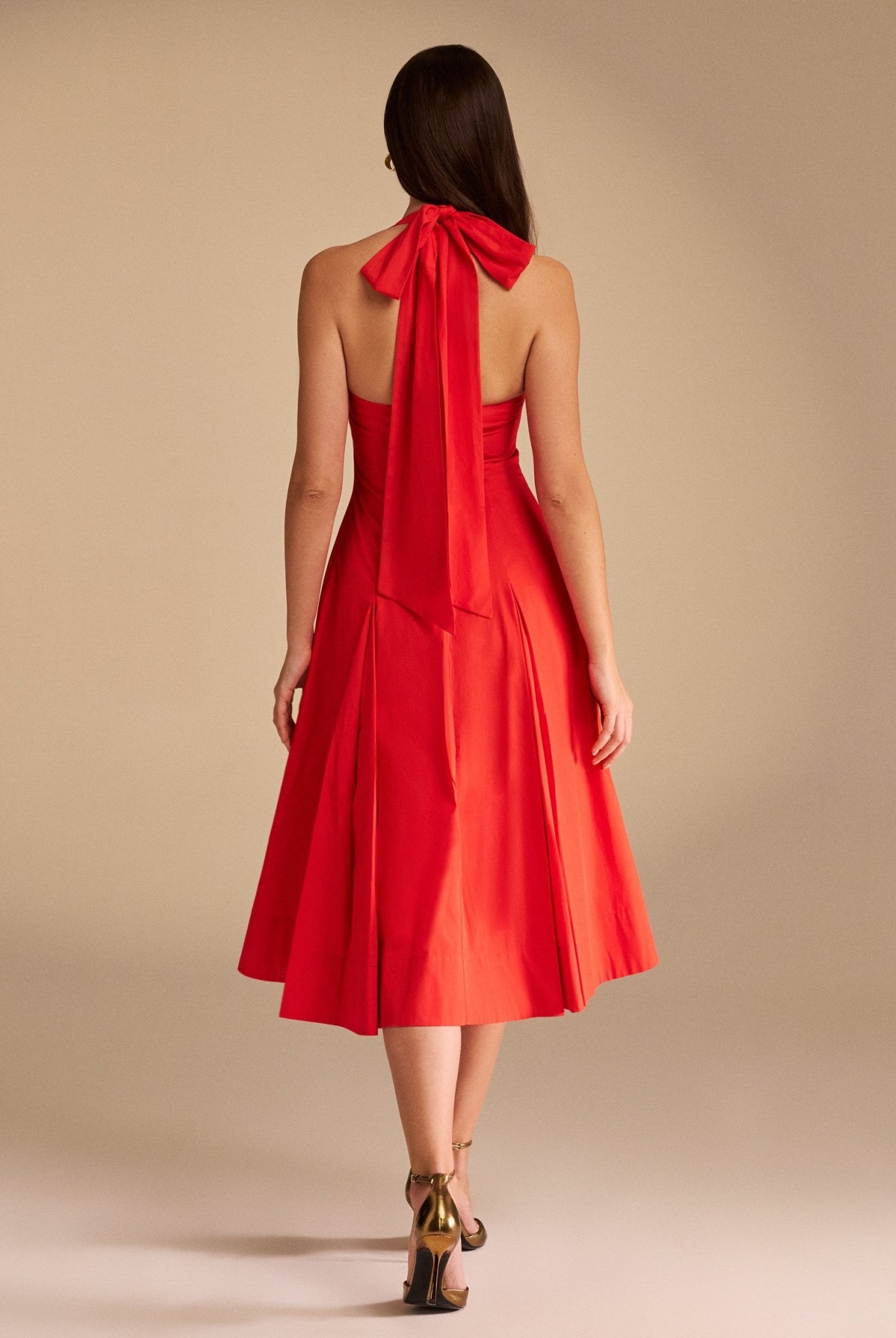 Tie Halter Neck A-Line Poplin Midi Dress - shopaleena