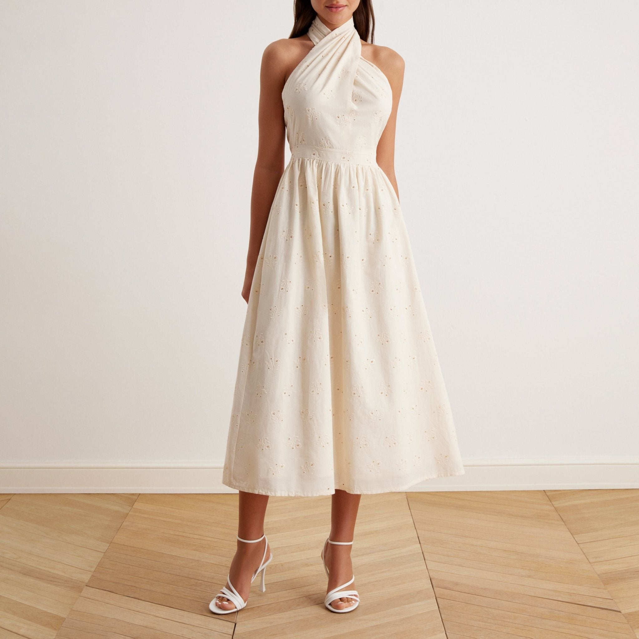 Twist Tie Embroidered Midi Dress - shopaleena