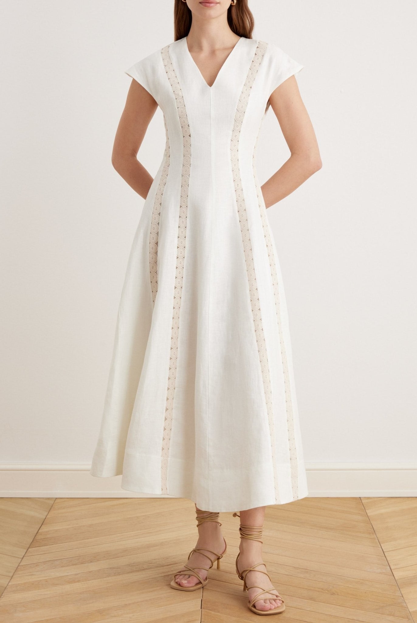 V-neck, soft cap sleeve flared dress - shopaleena