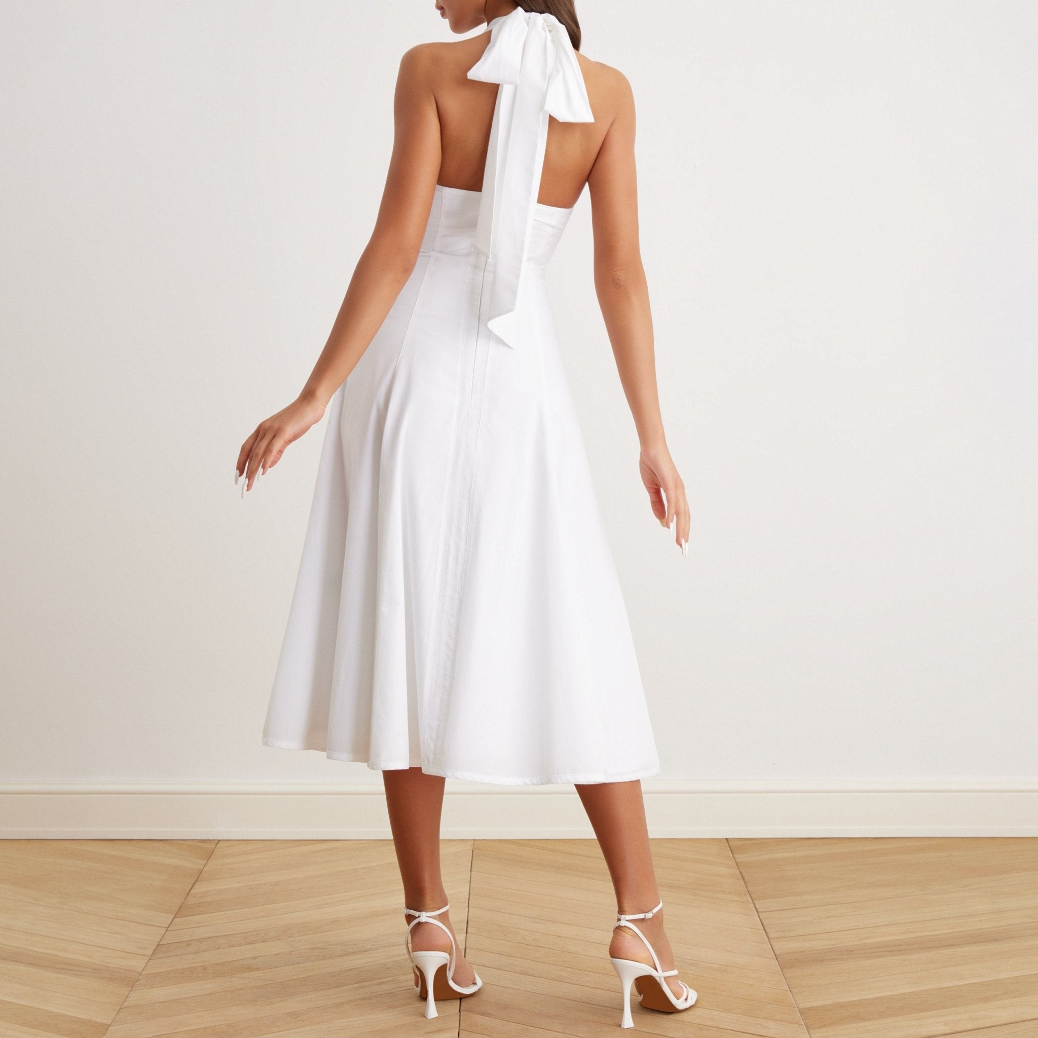 V-Neck Tiered Bow Back Midi Dress - shopaleena