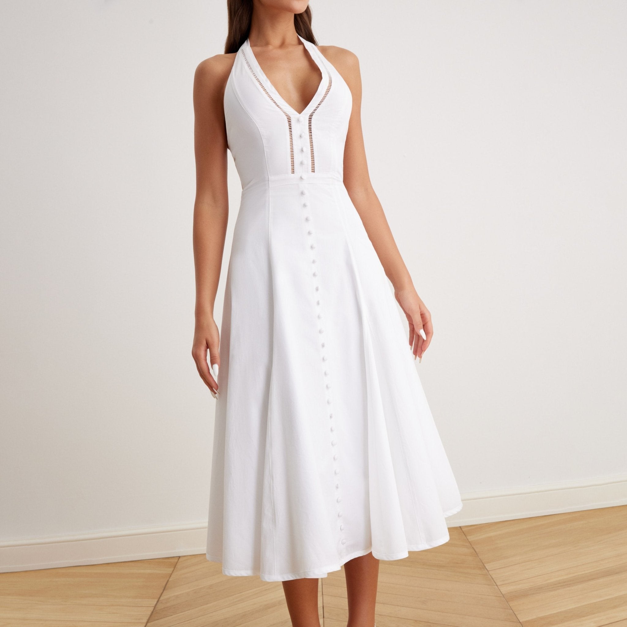 V-Neck Tiered Bow Back Midi Dress - shopaleena