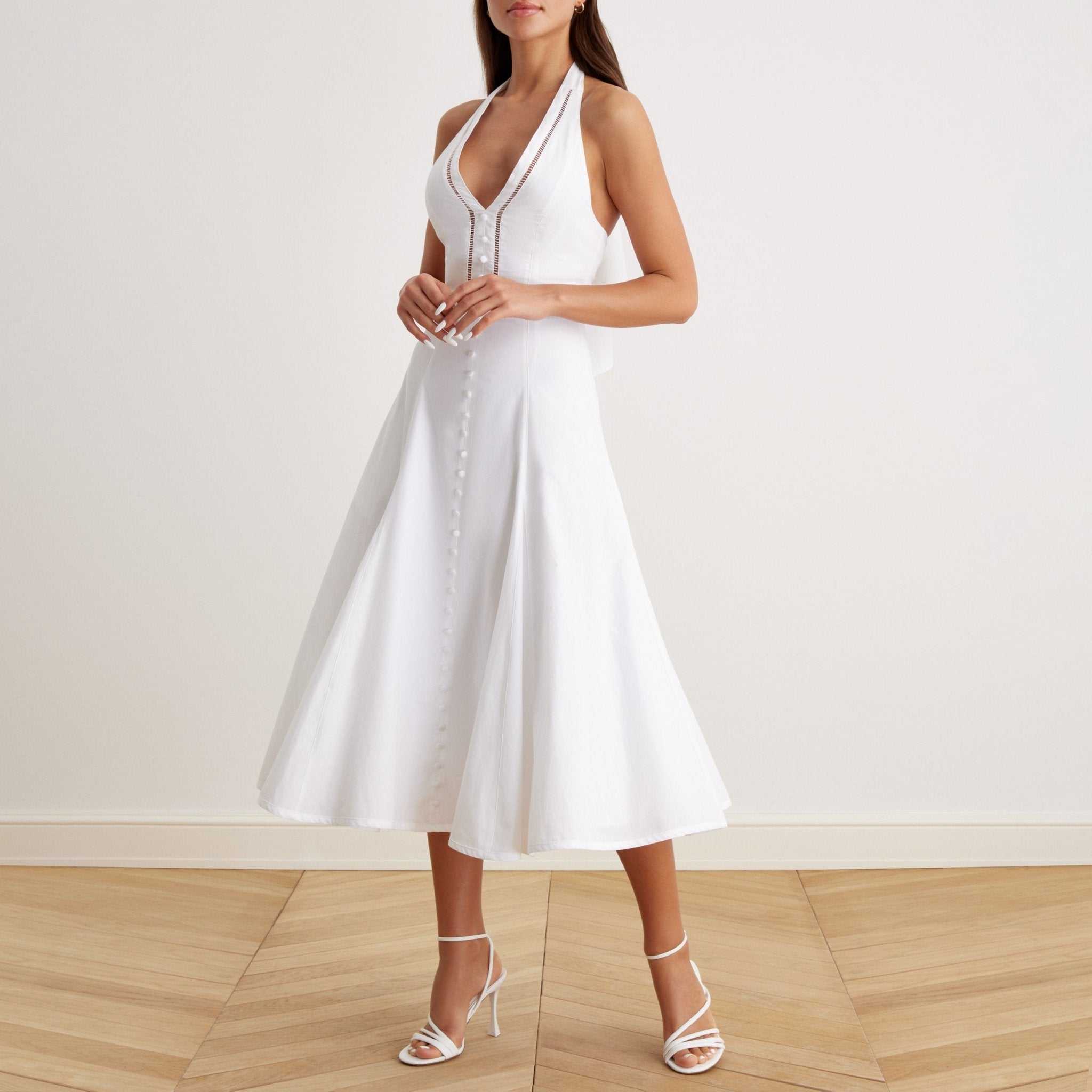 V-Neck Tiered Bow Back Midi Dress - shopaleena